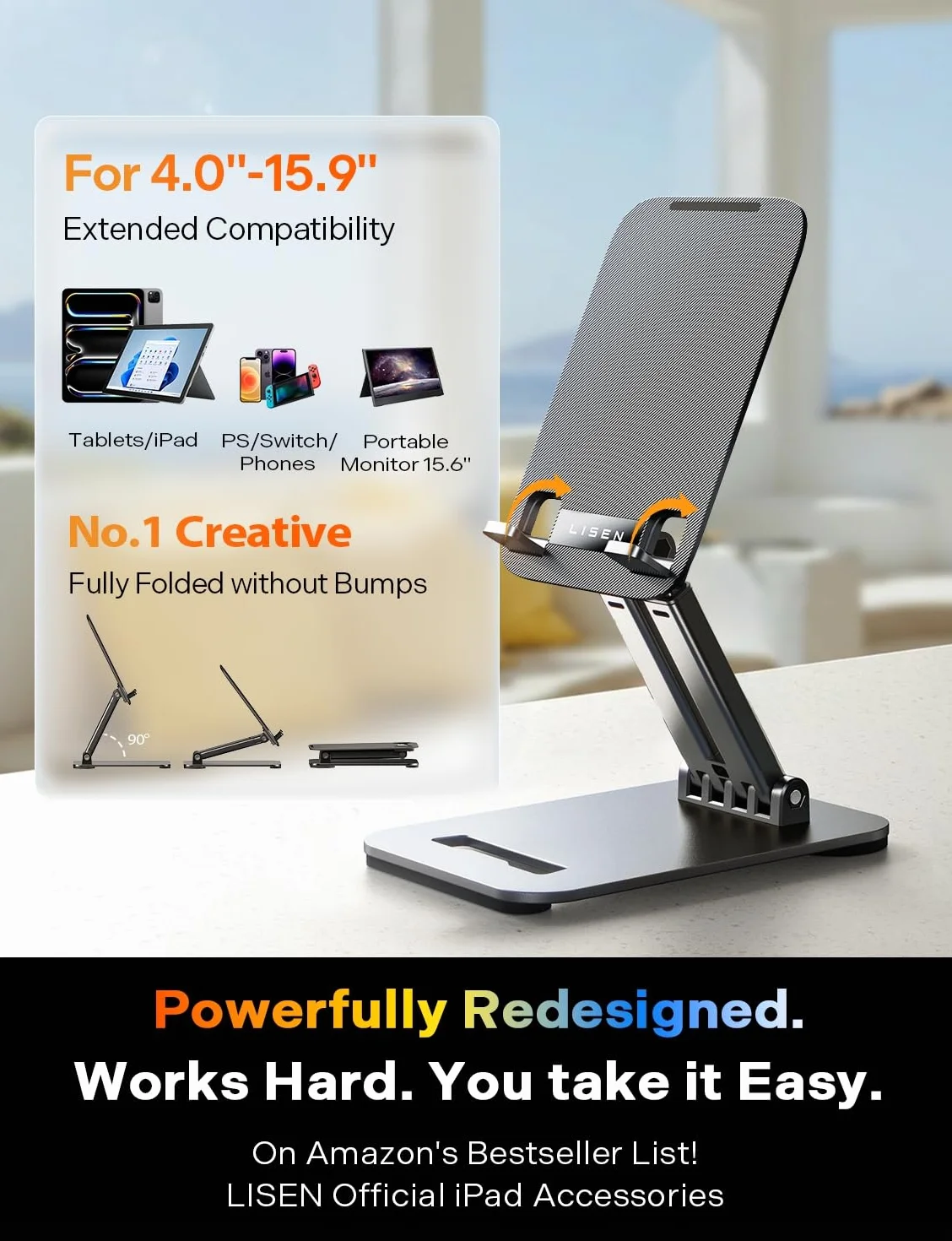 LISEN Stojak na tablet iPad stojak na biurko, składany dom biuro akcesoria na biurko podróż do iPada uchwyt akademik College Essentials przenośny stojak na monitor pasuje do kart Kindle iPhone 4-16