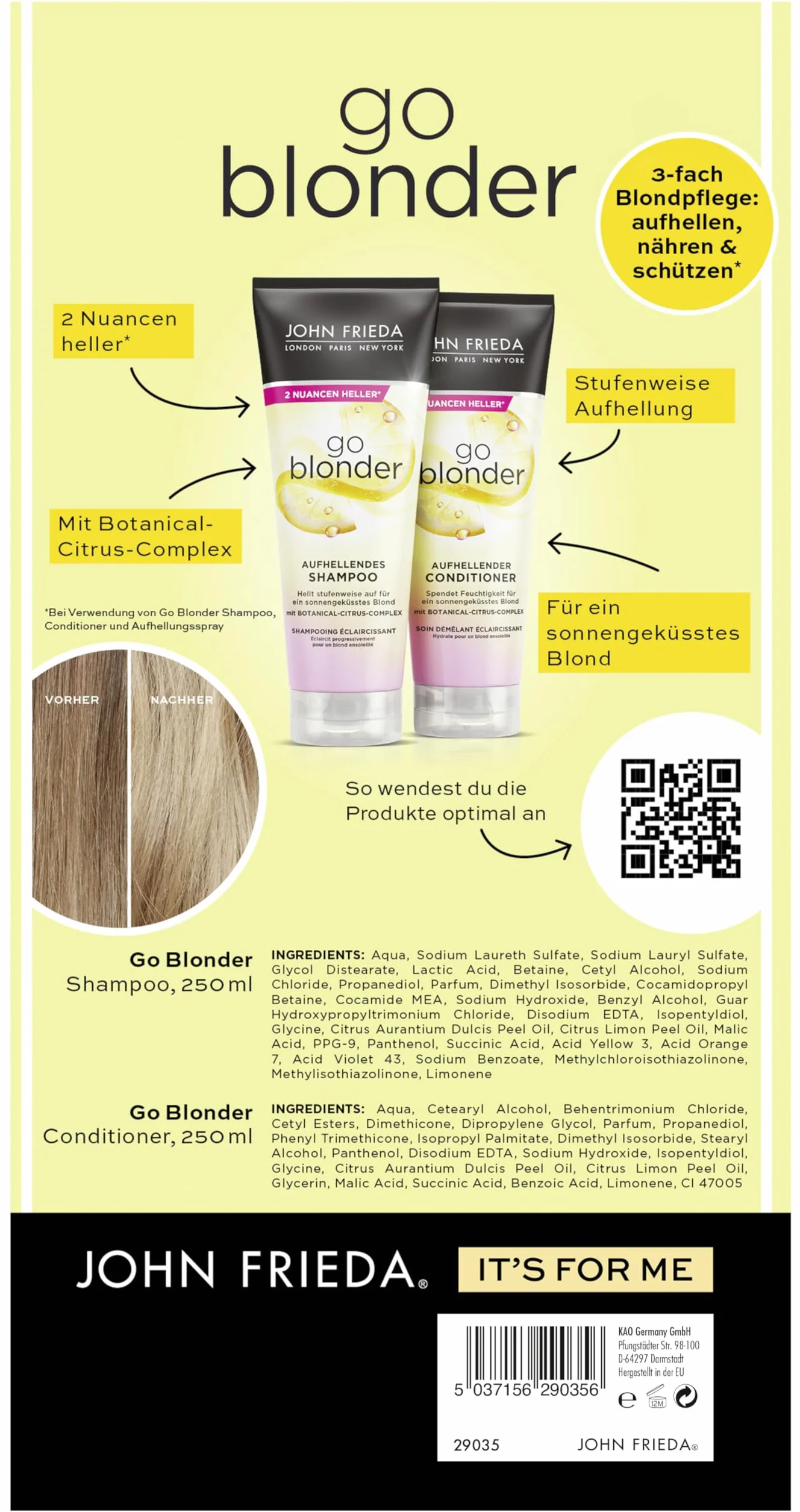 John Frieda Go Blonder Set – szampon, 250 ml i odżywka, 250 ml – typ włosów: blond, blond – stopniowo rozjaśnia