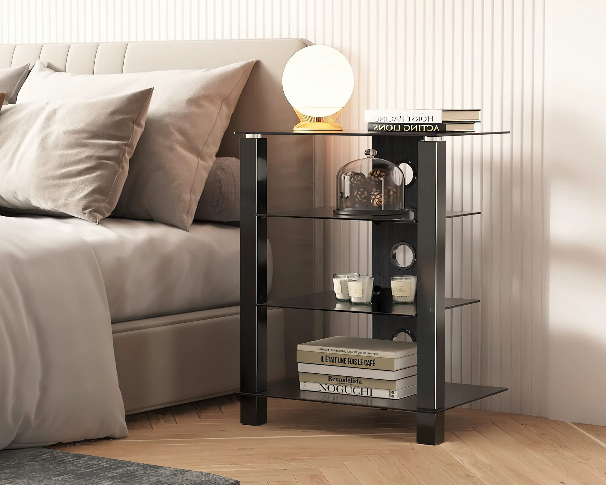 FITUEYES Szklany stojak HIFI, stojak TV, HIFI Rack szafka 4 poziomy z zarządzania kablami, czarny