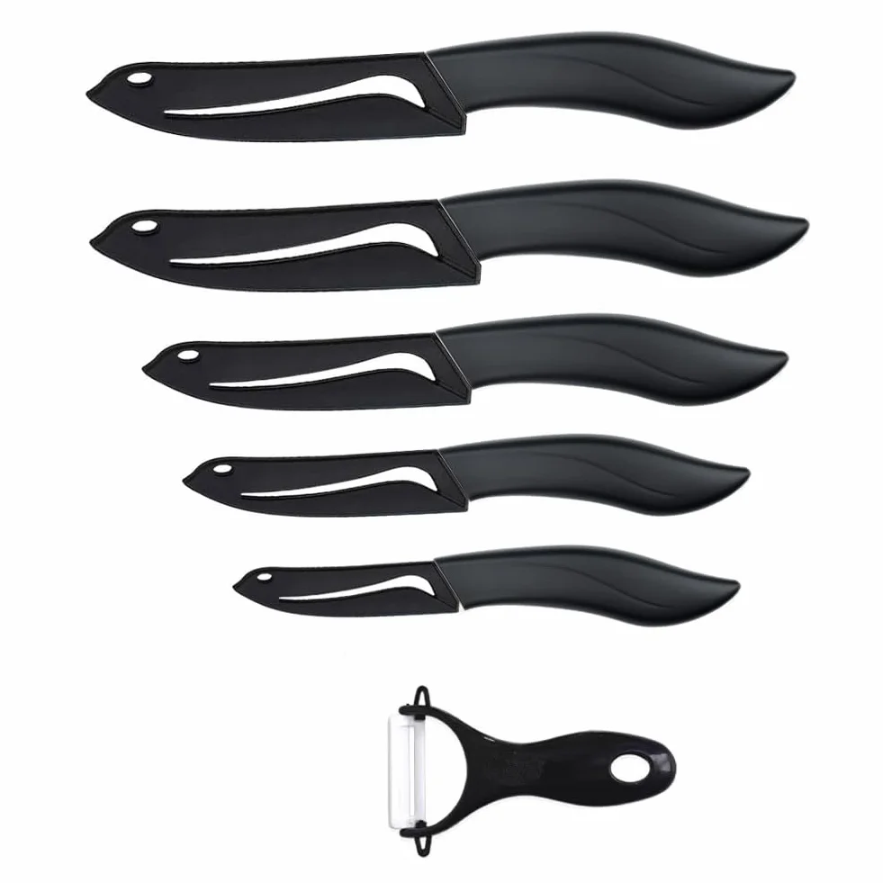 Zestaw noży ceramicznych Astylway, 6-częściowy zestaw noży ceramicznych z farbowanymi okładzinami, zestaw noży kuchennych zawiera obieraczkę, 7,6 cm nóż do czyszczenia, nóż do chleba 15 cm, mały nóż