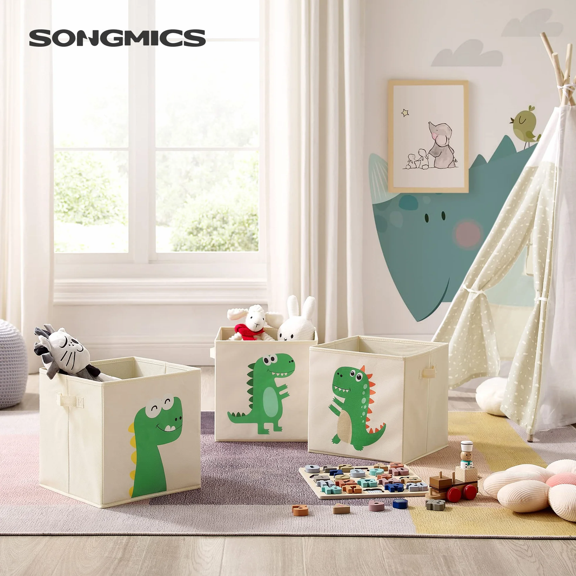 SONGMICS Pudełko Do Przechowywania Zestaw 3 Koszy Do Przechowywania Zabawek Pudełka Do Przechowywania Tkaniny 30x30x30 cm Pokój Zabaw Dinozaur Tematyczne Beżowy RFB704W03