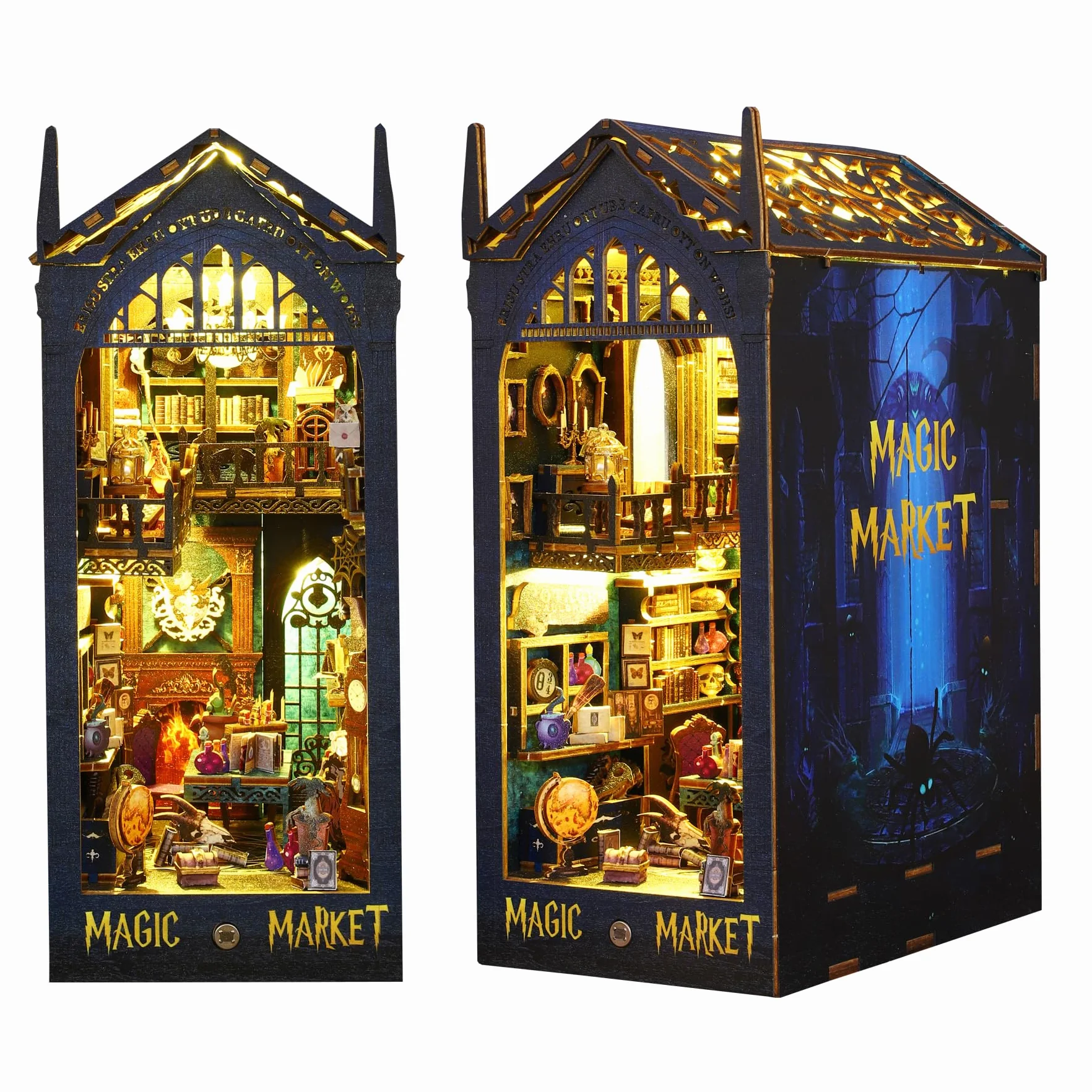 CUTROOM Book Nook Kit ze światłami LED Magic Market DIY miniaturowy zestaw do domku dla lalek drewniane puzzle 3D podpórka na książki regał na książki SL009-EU
