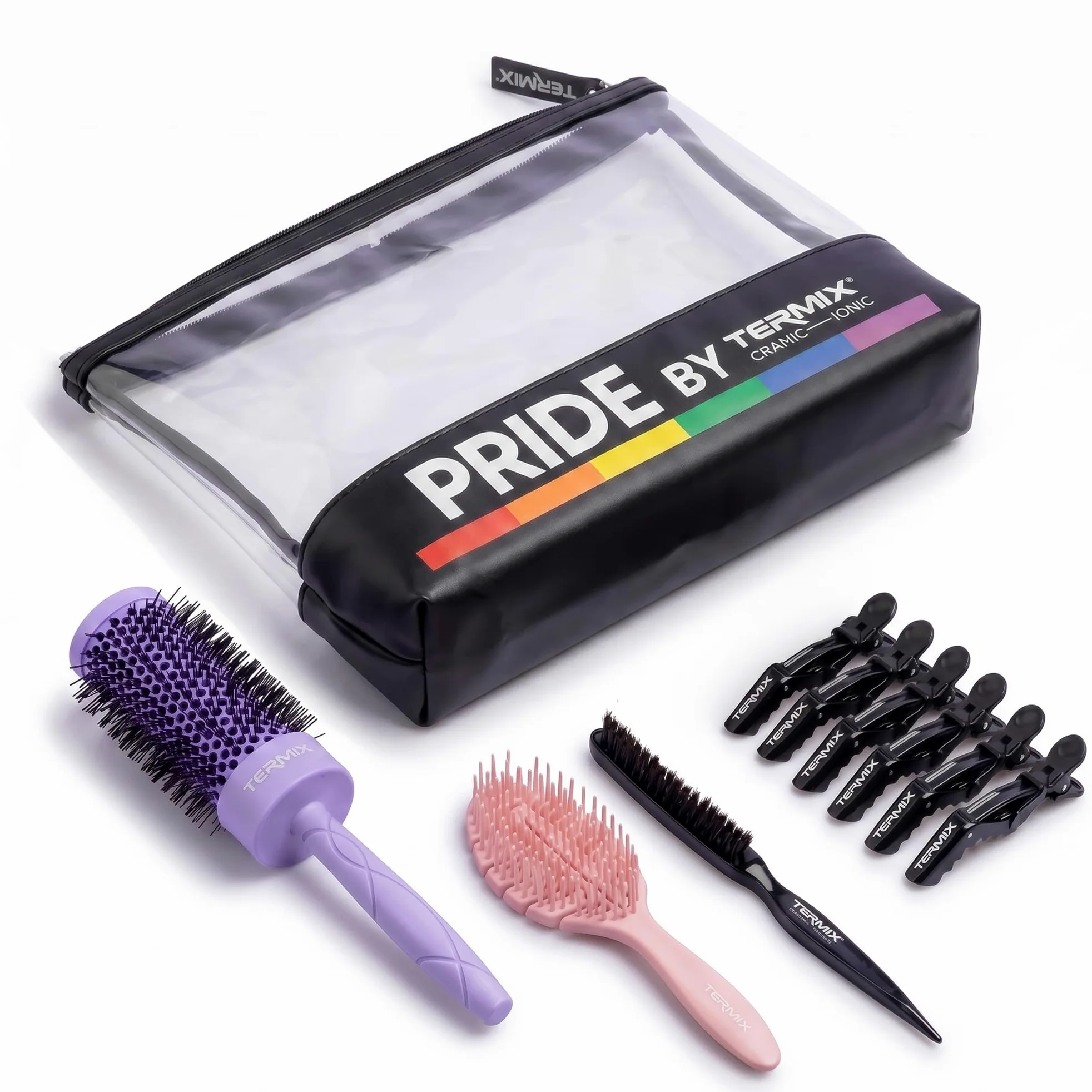 TERMIX - Perfect Look Kit Pride | Zestaw do stylizacji włosów z okrągłą szczotką Ø43, szczotką do rozczesywania, szczotką do zbierania, 6 pęsetami i kosmetyczką | Kształt, ruch, połysk i pełna rutyna