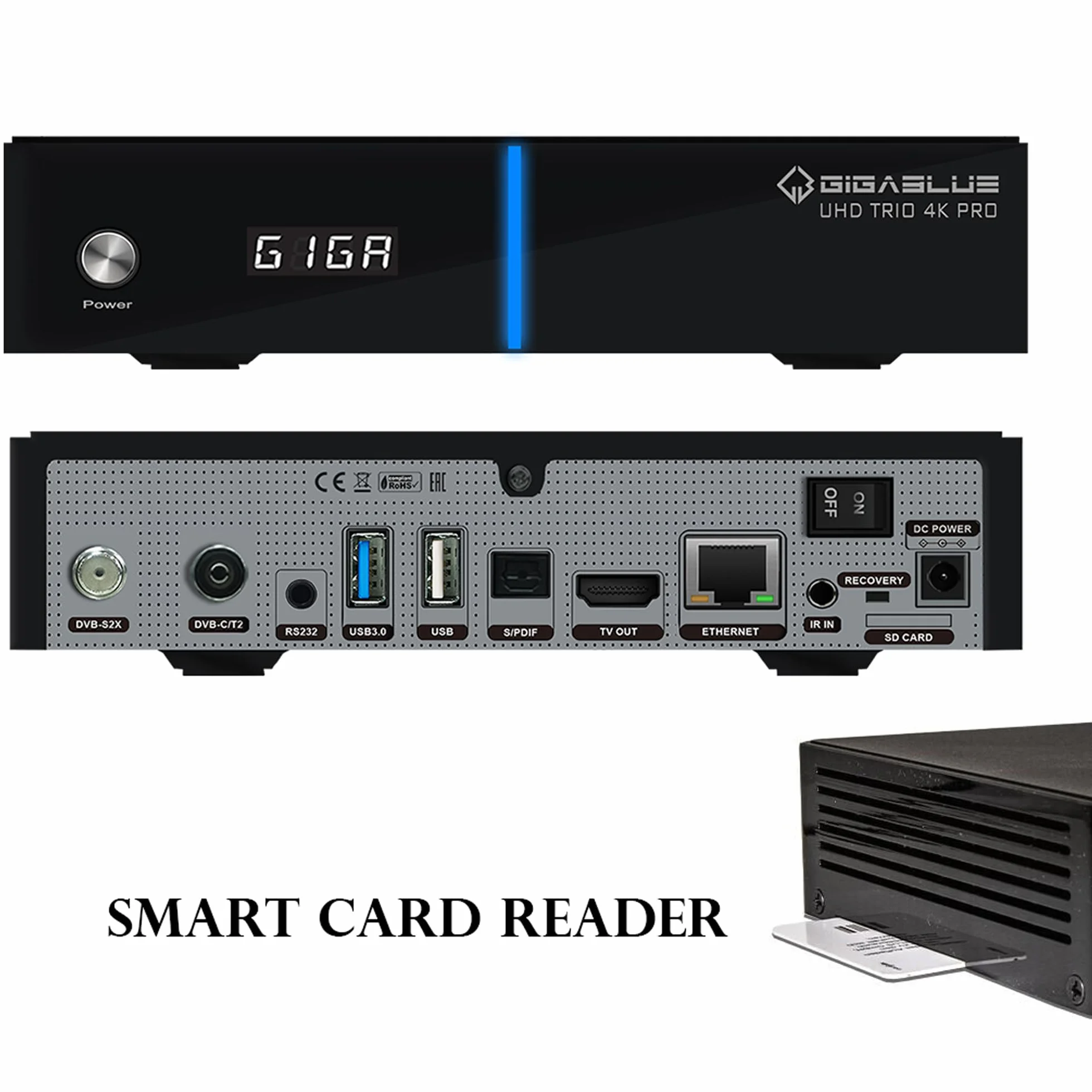 GigaBlue UHD Trio 4K PRO – 1 x DVB-S2X MS + 1 x odbiornik DVB-C/T2 Comb. sat. T2, E2 Linux TV Smart TV, riprod. multimed., Funz, PVR, 1200 Mb/s, WiFi, HTS