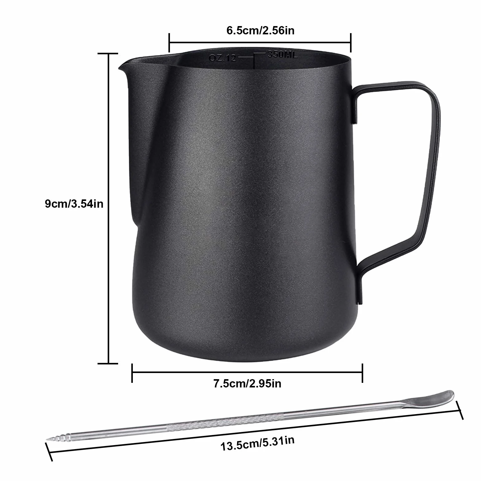 Dzbanek do mleka ze stali nierdzewnej 350 ml czarny do spieniacza cappuccino