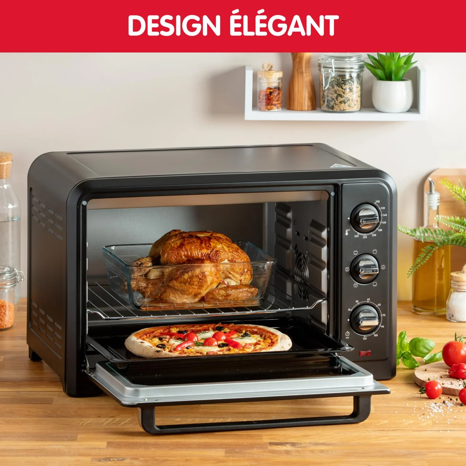 Moulinex Piekarnik 33 l, ogrzewanie obrotowe, zaawansowana konwekcja, 6 trybów gotowania, termostat regulowany do 240°C, timer 120 min, kratka odwracalna, uchwyty silikonowe, Optimo Black OX464811