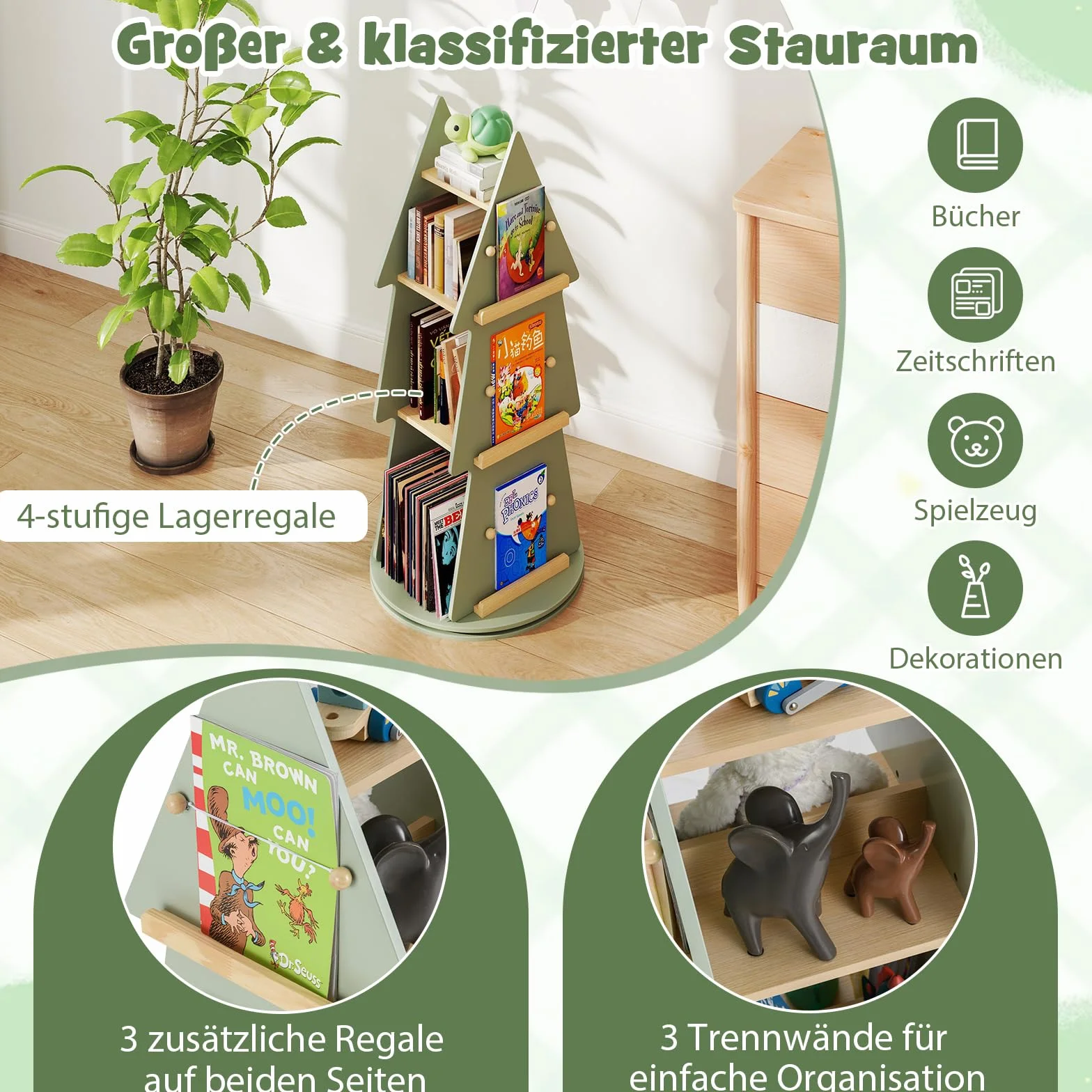 COSTWAY Regał na książki obracany 360° 4 poziomy Ø 48 x 102 cm zielony