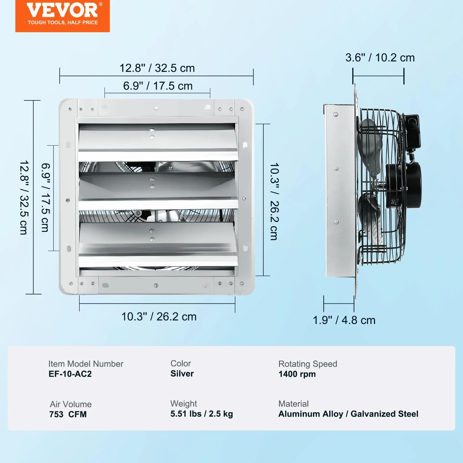 VEVOR Wentylator wyciągowy 254 mm 1400 obr./min 753 CFM ścienny aluminiowy