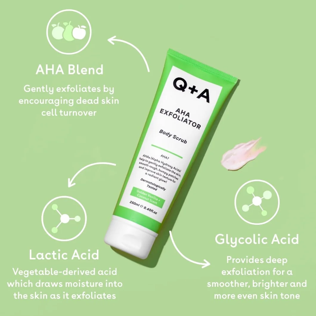 Q+A Peeling AHA do Ciała - Odnowa Skóry. Mieszanka kwasów AHA: kwasu mlekowego i glikolowego w połączeniu z eksfoliantami poprawia teksturę skóry i promuje jej miękkość i elastyczność, 250ml.