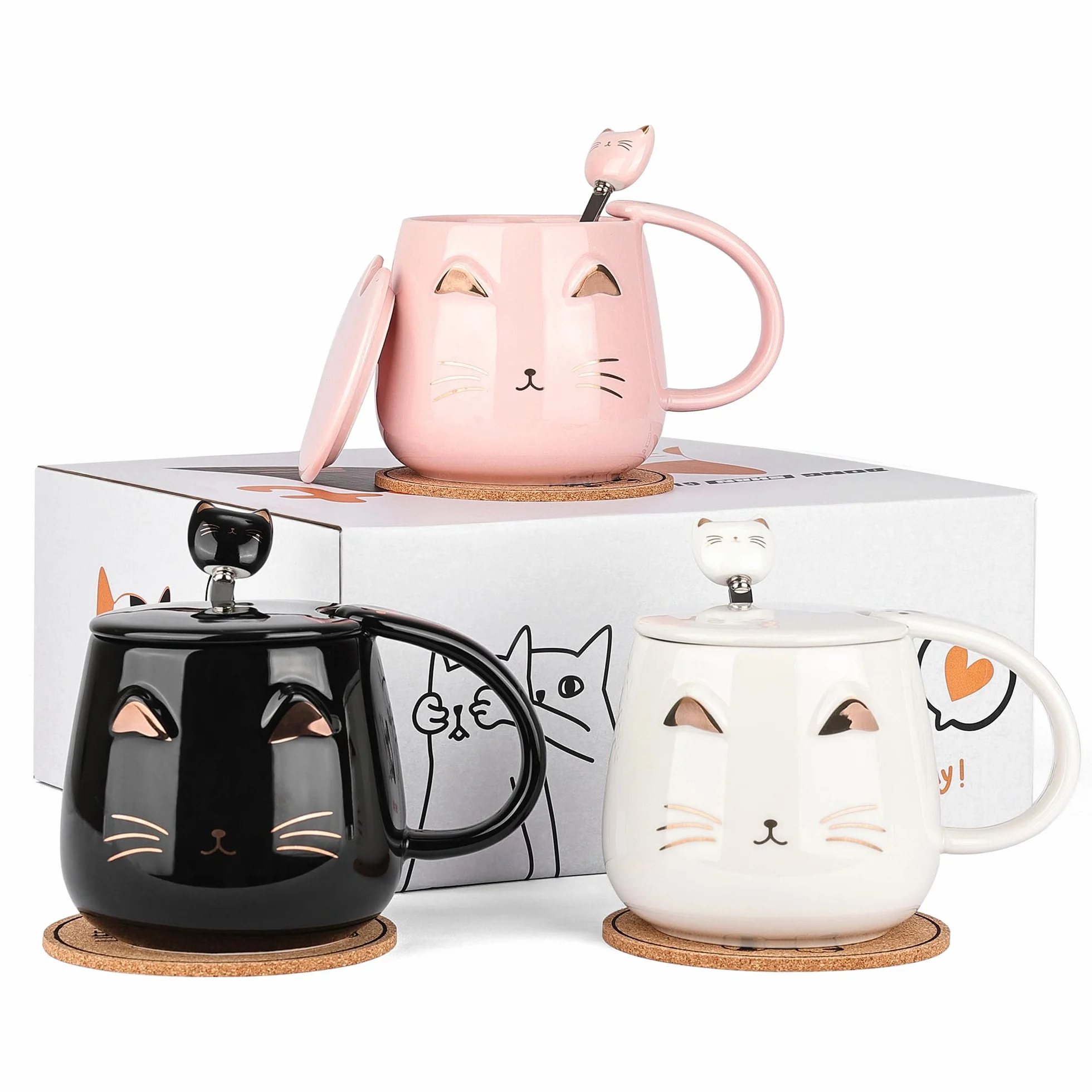Zestaw 3 uroczych ceramicznych kubków z kotami z pokrywką, łyżką i podstawką - 380ml/13oz kubek do kawy dla kobiet, dzieci, miłośników kotów - prezent na Boże Narodzenie i urodziny (czarny, biały