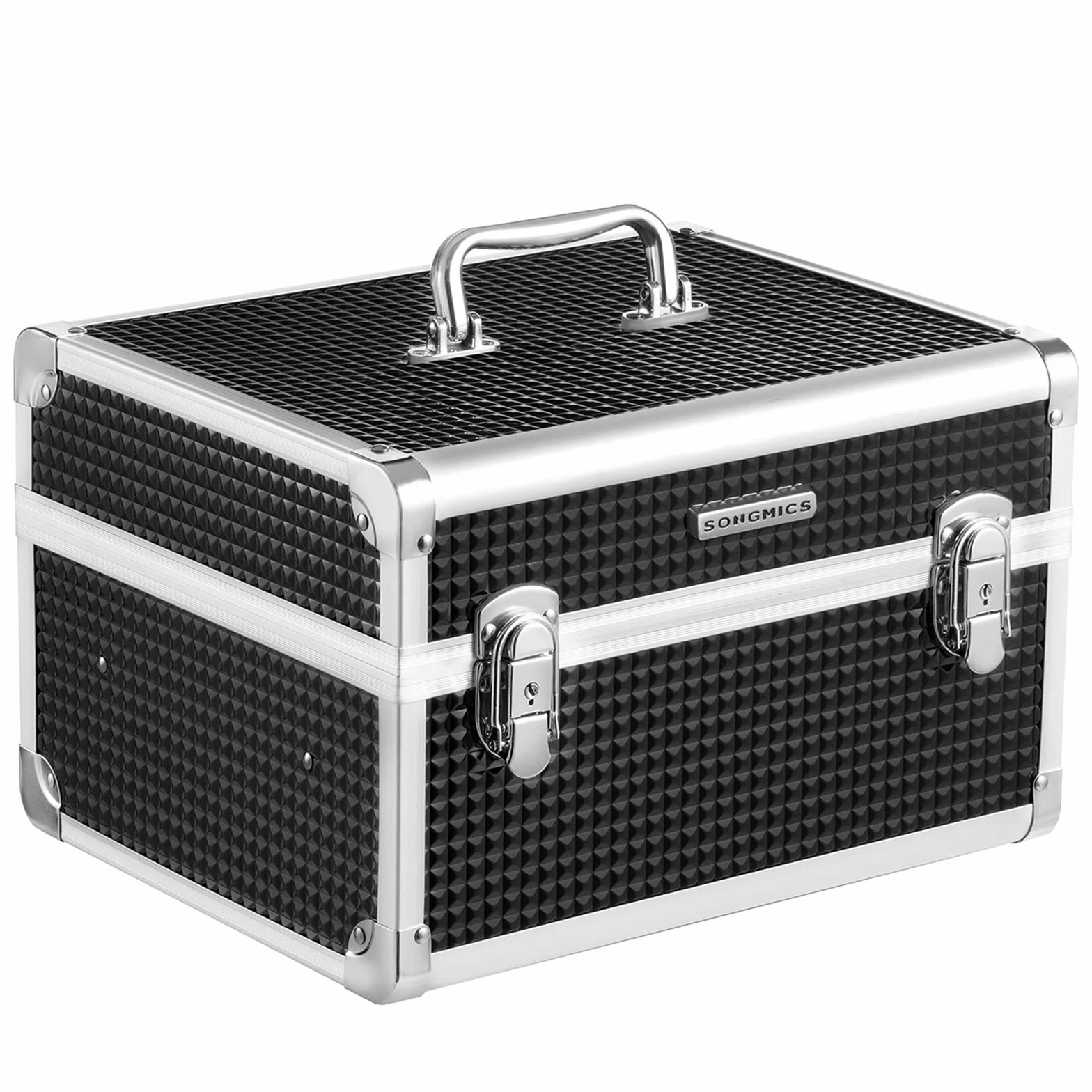 SONGMICS etui na akcesoria do makijażu, zamykana kosmetyczka, podróżny organizer na kosmetyki dla fryzjerów i makijażystów, ze zdejmowaną tacą, czarny JBC328B01