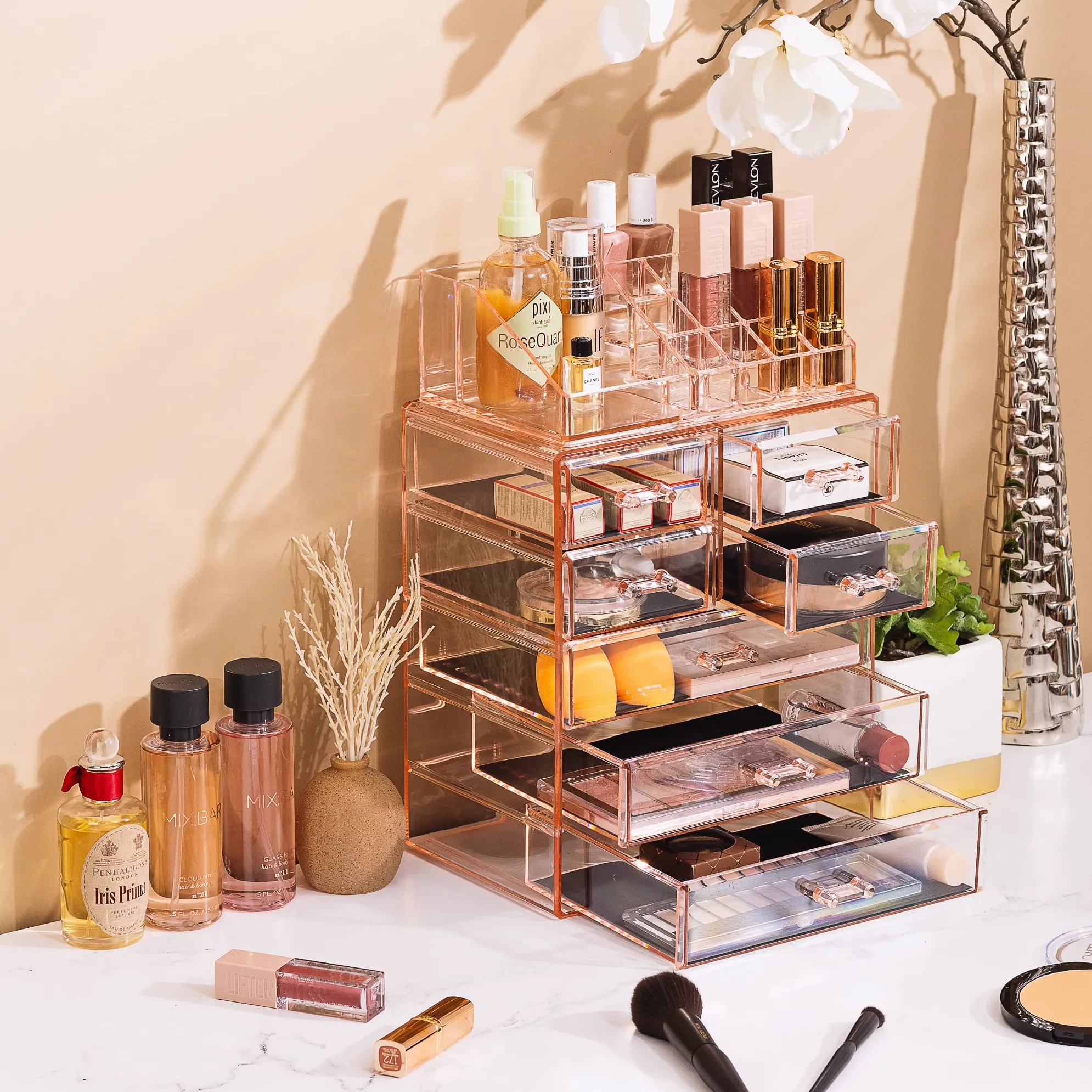 Sorbus Przezroczysty organizer na kosmetyki do makijażu - przechowywanie makijażu i biżuterii, etui i ekspozycja, przestronny design, uchwyt na komodę, łazienkę, toaletkę i blat (3 duże, 4 małe