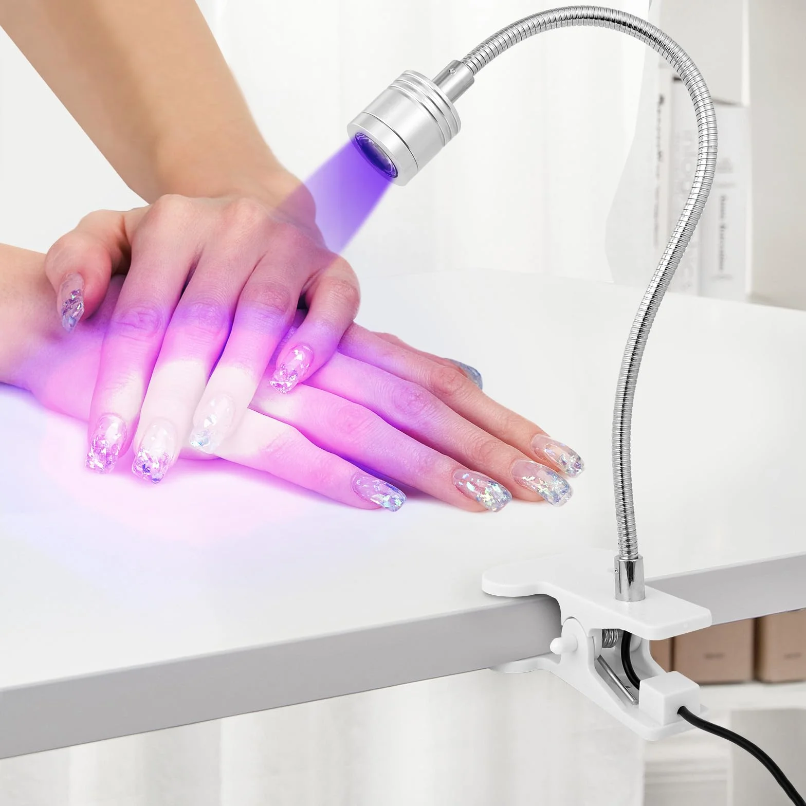 AiQInu Lampa UV Żelowych, Lampa LED 3 W Obrotowa z USB i Klipsem, Do Żelowego Lakieru do Paznokci, Salonu, Srebrna