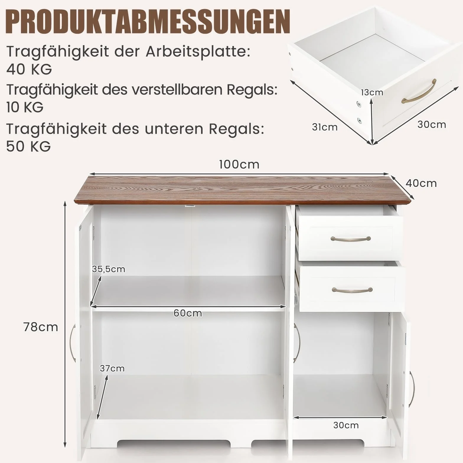 COSTWAY Kredens biały, szafka kuchenna z blatem roboczym 100 x 40 cm, szafka bufetowa z drzwiami i szufladami oraz regulowanymi półkami, wyspa kuchenna do kuchni, jadalni, JV11059WHDE