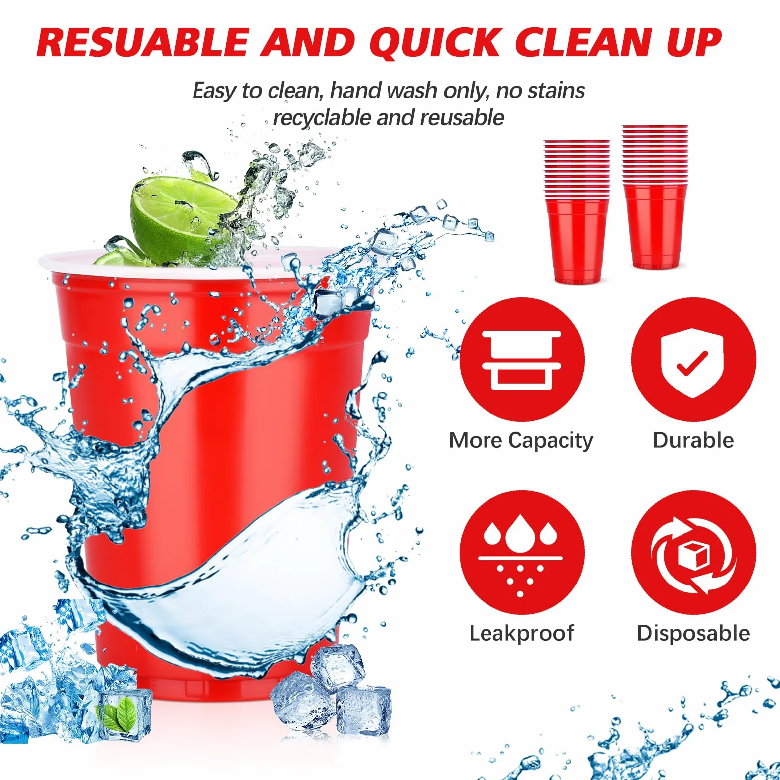 Plastikowe kubki wielokrotnego użytku 350 ml czerwony zestaw 50 sztuk imprezowe