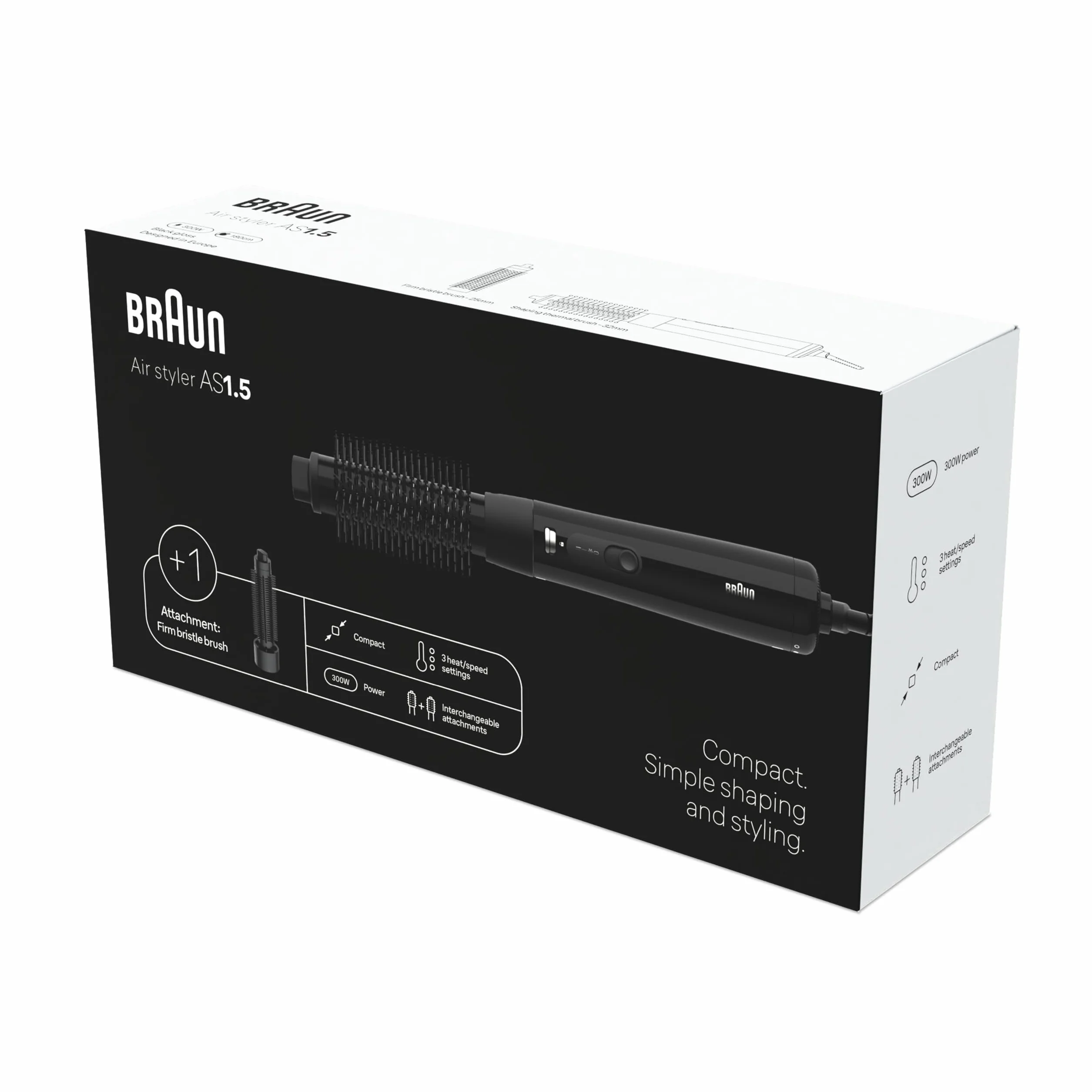 Braun Air Styler AS1.5, suszarko-lokówka, termiczna szczotka, szczotką z twardym włosiem, silnik 300W, 3 ustawienia temperatury/prędkości, czarne wykończenie, BRAS150E