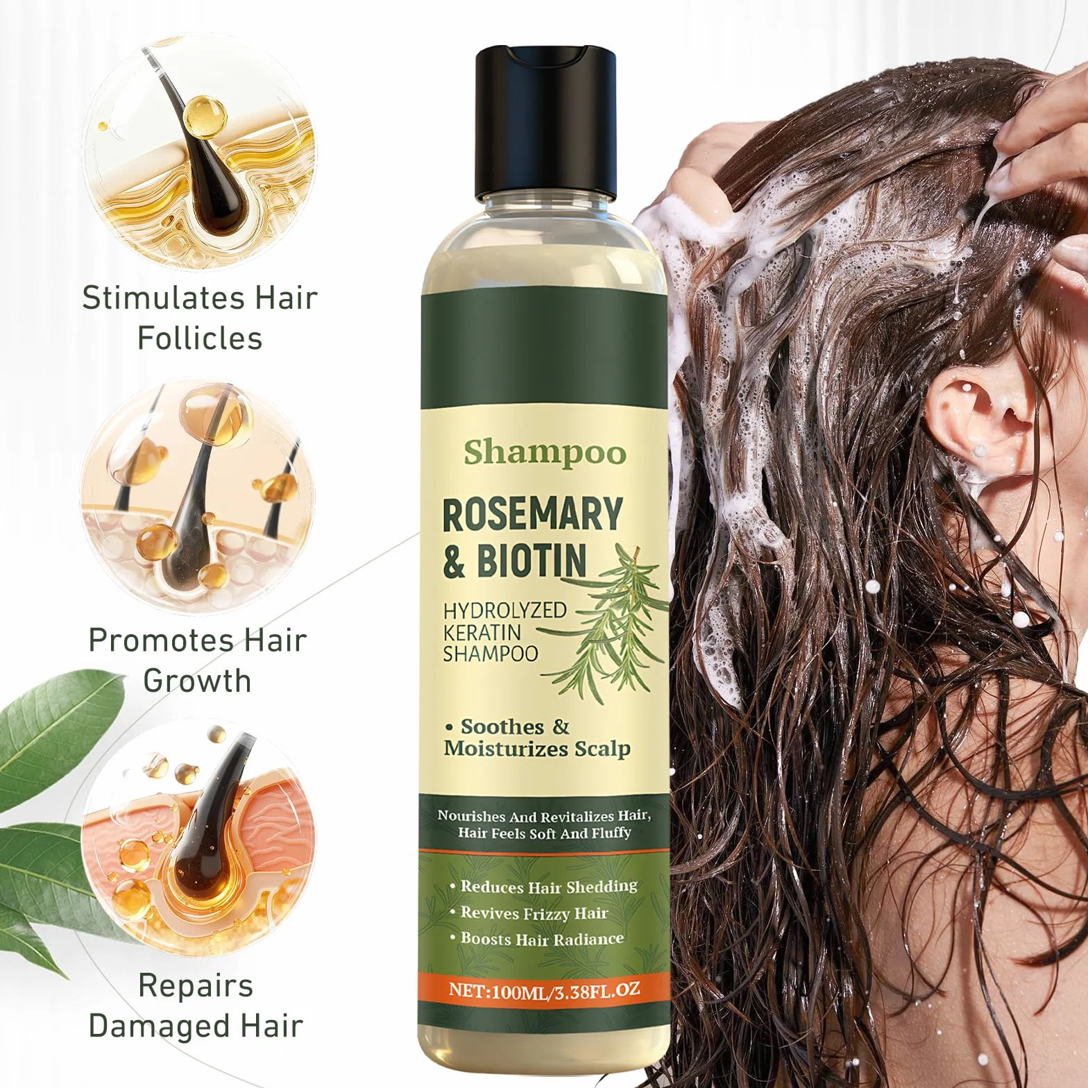 2 × 100 ml szampon rozmarynowy do wypadania włosów, szampon rozmarynowy z hydrolizowaną keratyną, szampon pielęgnujący inspirowany naturalnymi roślinami do codziennego czyszczenia, do delikatnych
