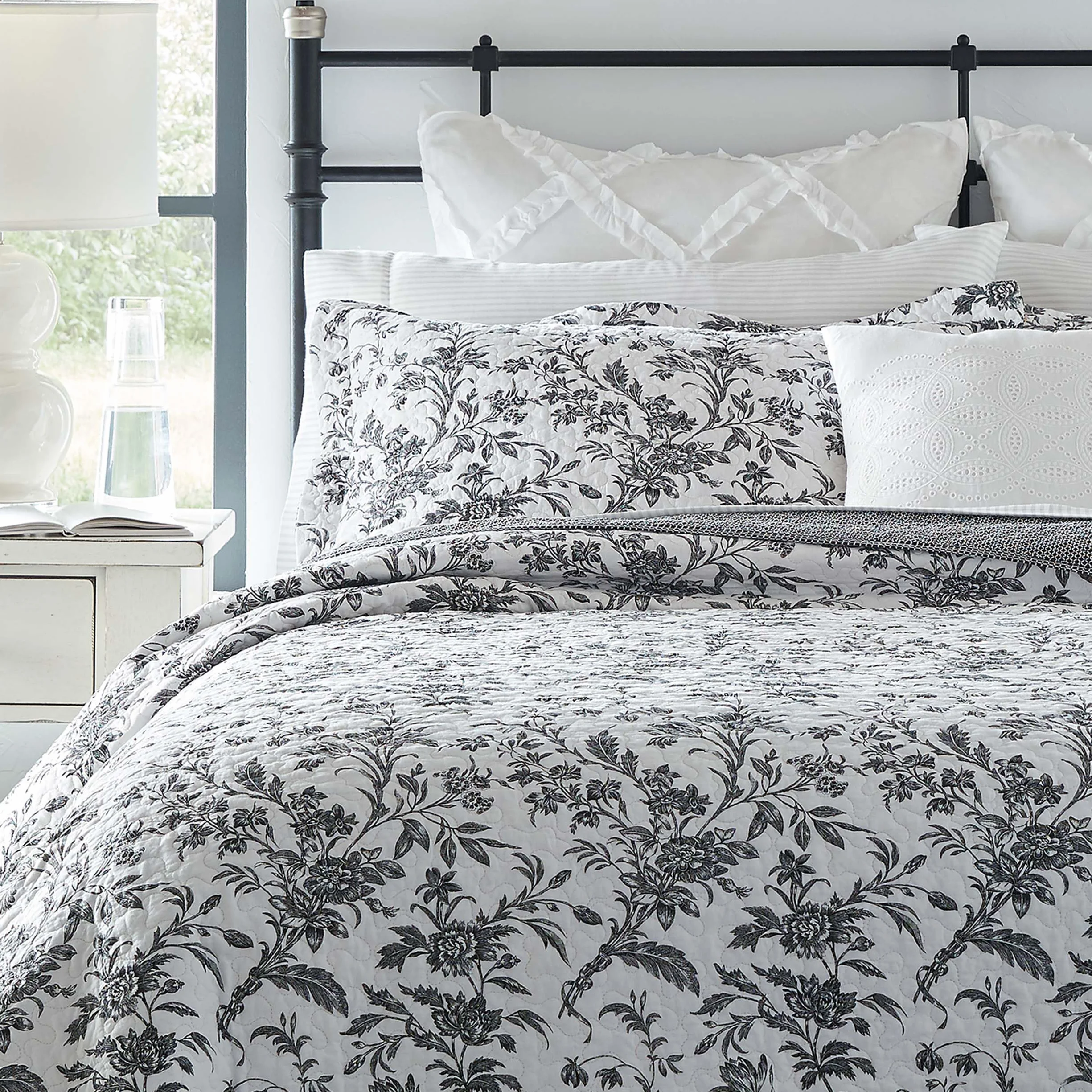 Laura Ashley Bawełniana dwustronna pościel z poszewkami, kwiatowa, Amberley czarny/biały, podwójna