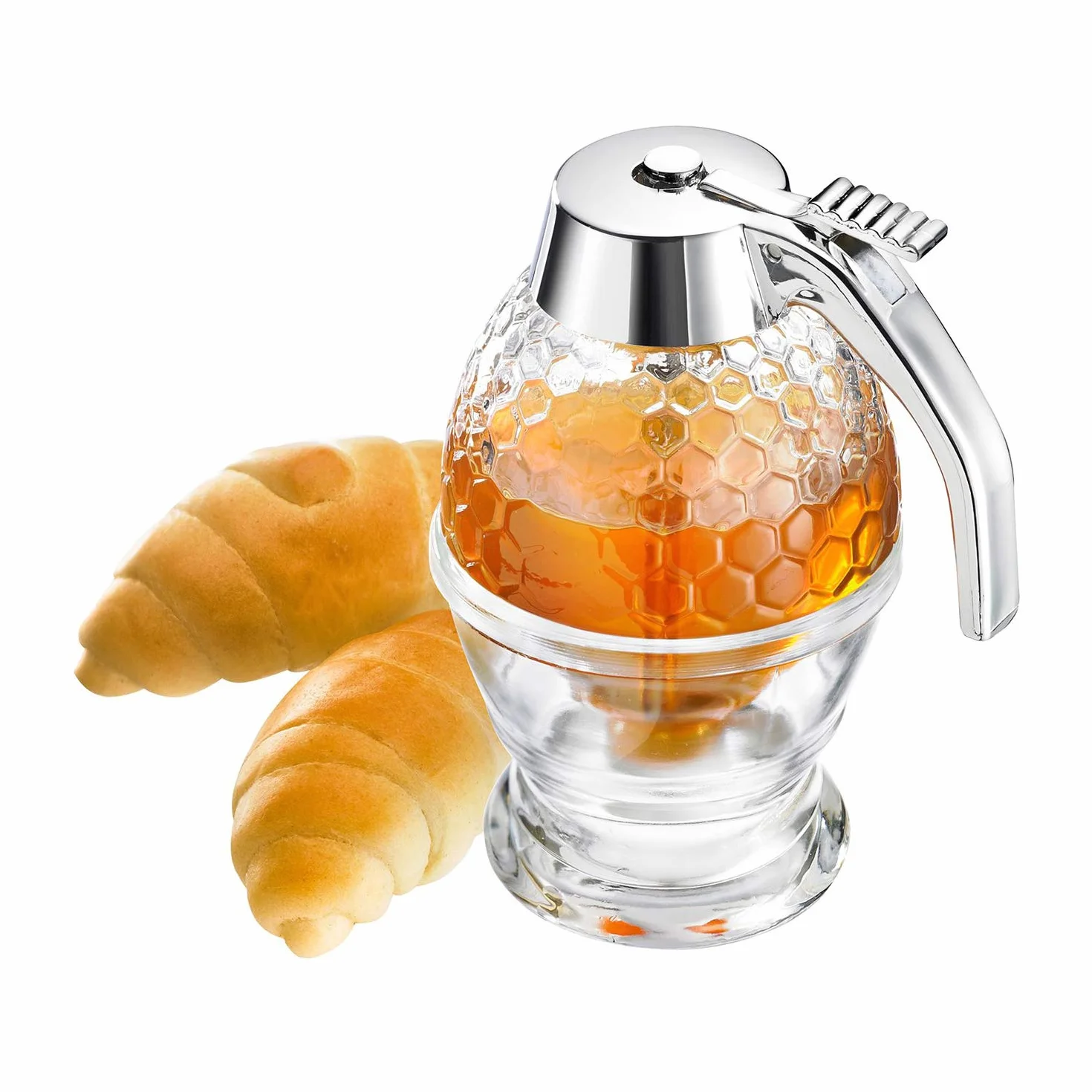 Westmark Dozownik do miodu 200 ml, Szkło/Tworzywo sztuczne, Wzór plastra miodu, Przezroczysty/Srebrny