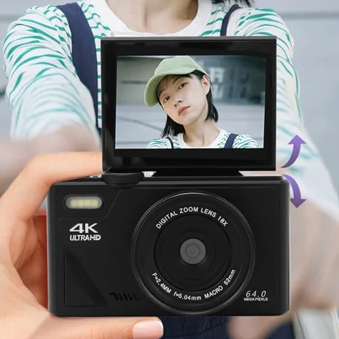 Aparat Cyfrowy 64 MP, Aparat do Vlogowania 4K, Aparat z automatyczną regulacją Ostrości i 18-krotnym Zoomem, Mały Kompaktowy Aparat z 3-calowym Odchylanym Ekranem, Mały Aparat