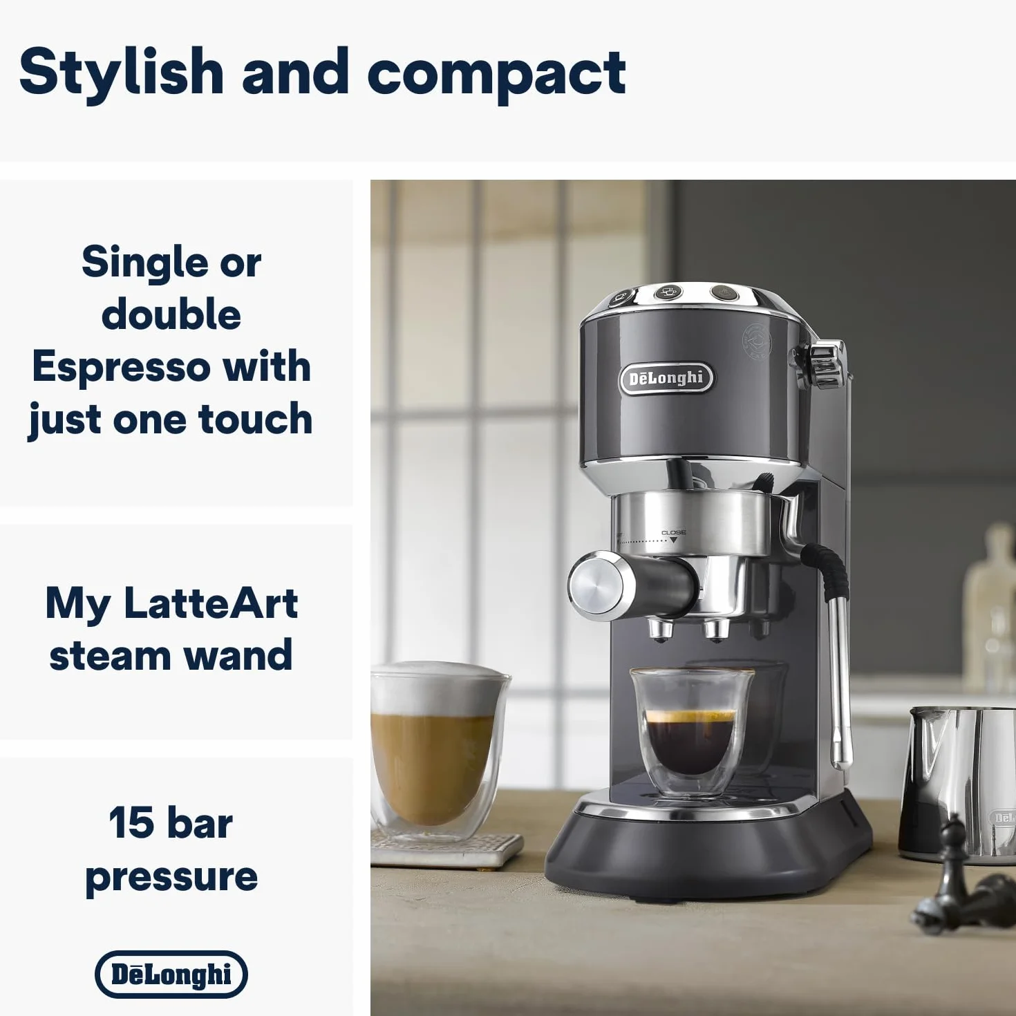 DeLonghi Dedica Arte EC 885.GY Ekspres do kawy, 15 cm, 1 L zbiornik, szary
