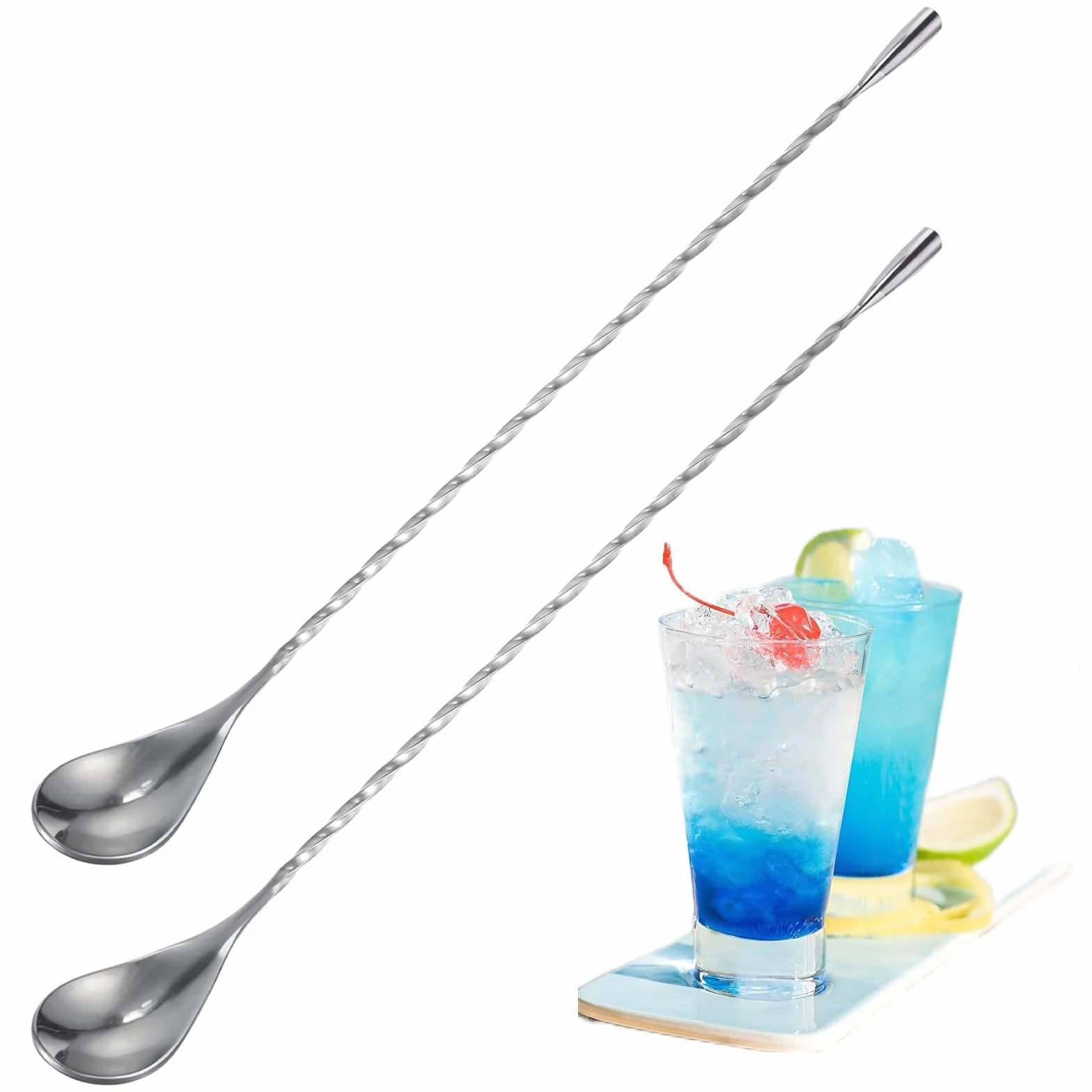 Ouligay 2 sztuki łyżek barowych, skręconych, 30 cm długości, ze stali nierdzewnej, łyżki do degustacji, wysokiej jakości spiralne łyżeczki do koktajli, kawy, pysznych drinków