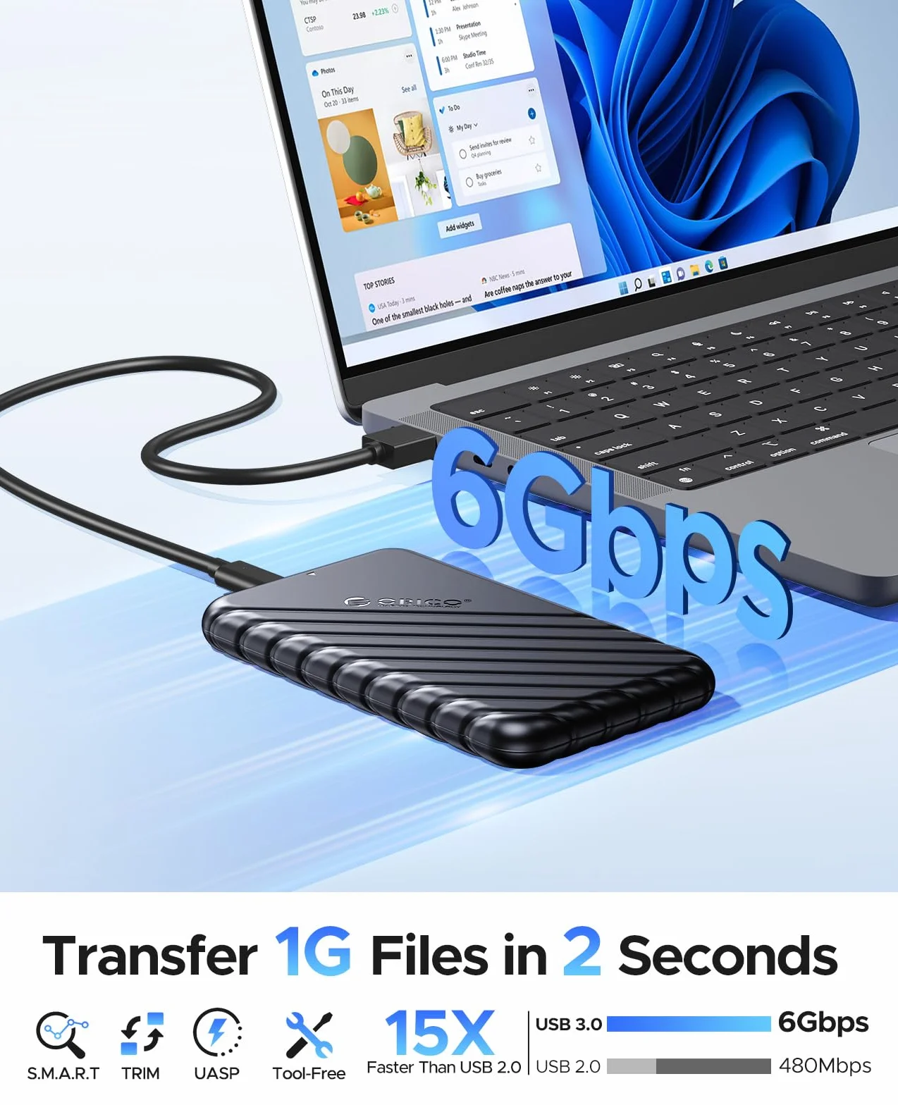 ORICO Obudowa dysku twardego 2,5" USB C USB 3.1 Gen 2 do SATA III, zewnętrzna obudowa dysku twardego do SSD HDD 9,5 7 mm bez użycia narzędzi z UASP, czarna (25PW1-C3)
