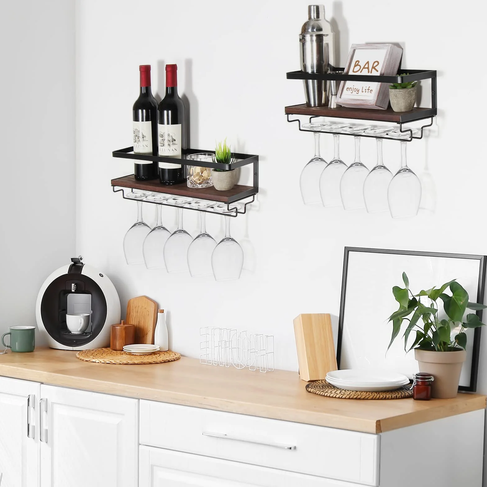 B4Life Regał na Wino Montowany na Ścianie Drewniany Vintage Zestaw 2 Szt. System Stemware