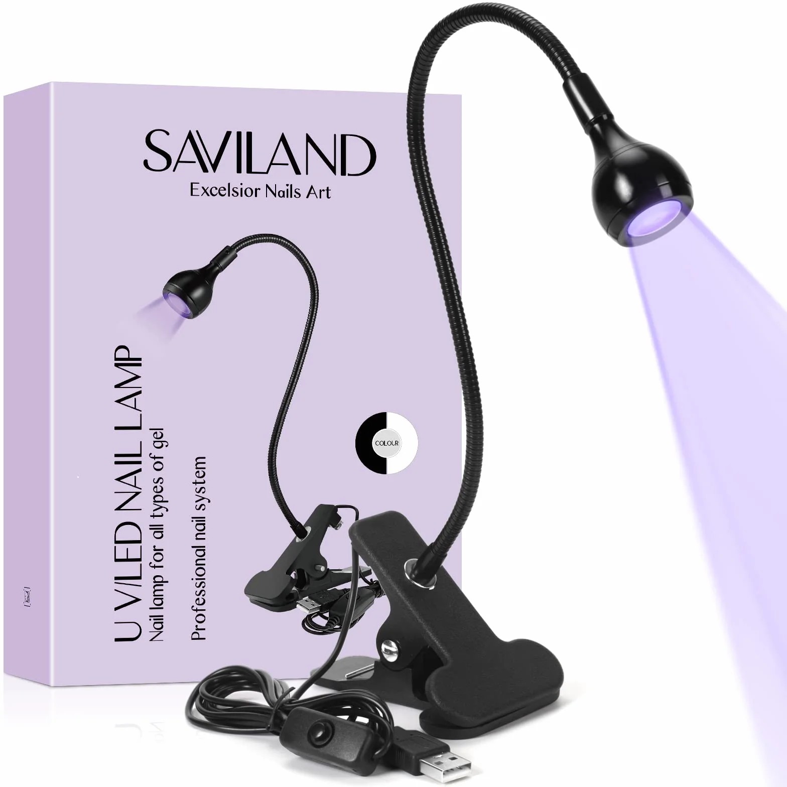 Saviland Lampa żelowa UV do paznokci, 3 W amerykańska lampa do układania paznokci szybkoschnąca, profesjonalna lampa Led do paznokci, lampa UV z ładowarką USB, klips, obracana o 360° regulowana