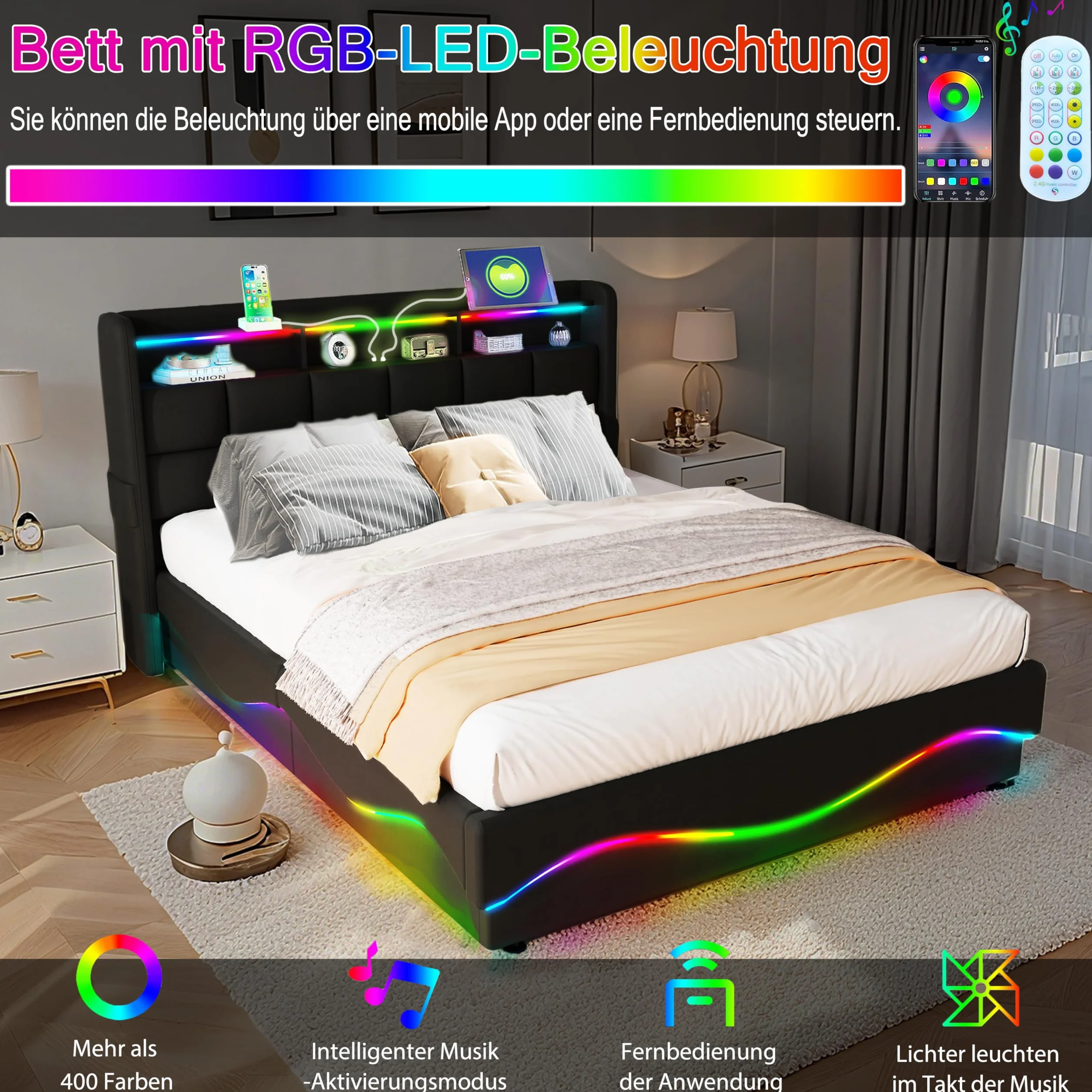 Łóżko z Pojemnością 140x200 cm LED USB/Type-C Stacja Ładowania Skóra Czarny