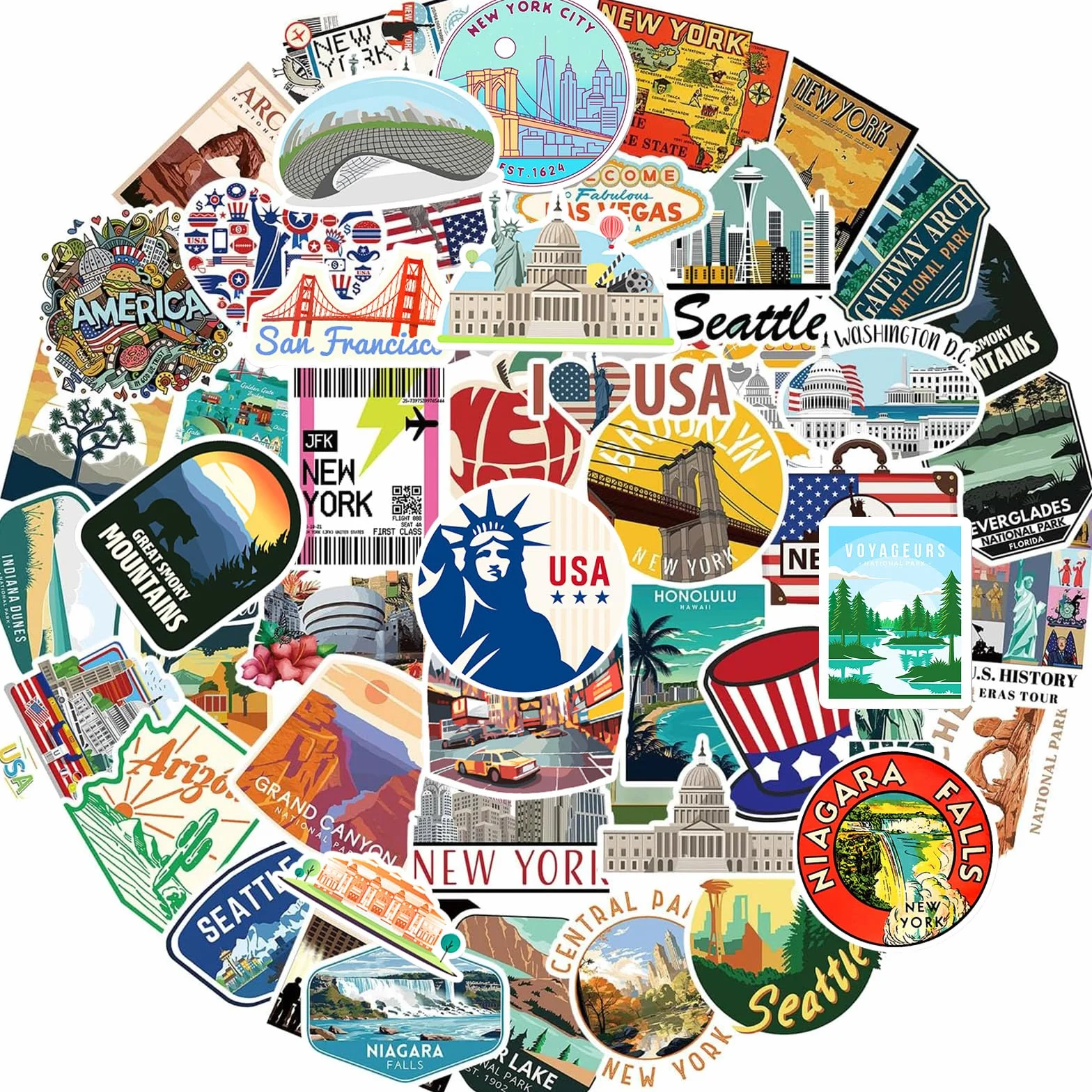 100 sztuk naklejek USA, naklejki America kraje miasta, wodoodporne naklejki do scrapbookingu Ameryka, naklejki podróżne do fotoalbumu New York, naklejki na laptopy, walizki podróżne, samochody