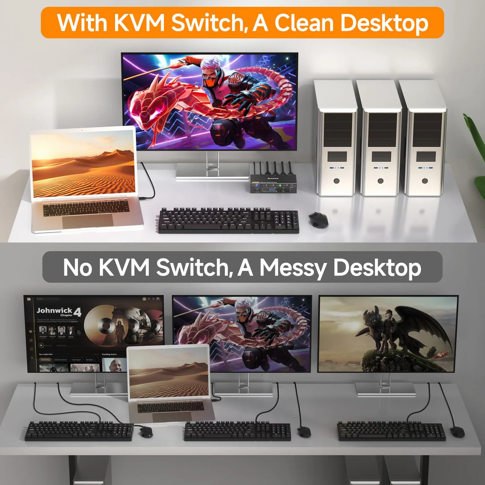 KVM Switch 1 monitory 4 PC, 4K @ 60 USB C+ Displayport + przełącznik HDMI KVM z 4 portami USB 3.0, klawiaturą i kontrolerem biurkowym