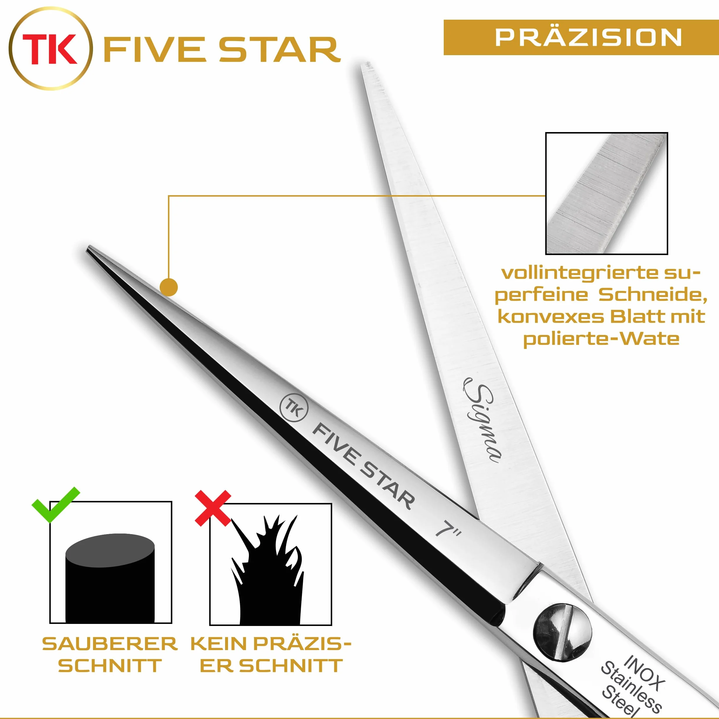 TK FIVE STAR Sigma profesjonalne nożyczki fryzjerskie Razor-Edge 7", nożyce do strzyżenia brody, nierdzewne dla kobiet, mężczyzn, fryzjerów, salonów fryzjerskich i dzieci, do mocnych i