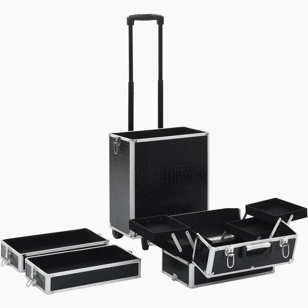 Walizka na kosmetyki aluminiowa, czarna, z tłoczeniem krokodyla, 4 półki, wysuwane półki, 4 zdejmowane kółka, 37 x 22 x 78 cm, organizer na podróż, do hotelu, na kemping i do łazienki