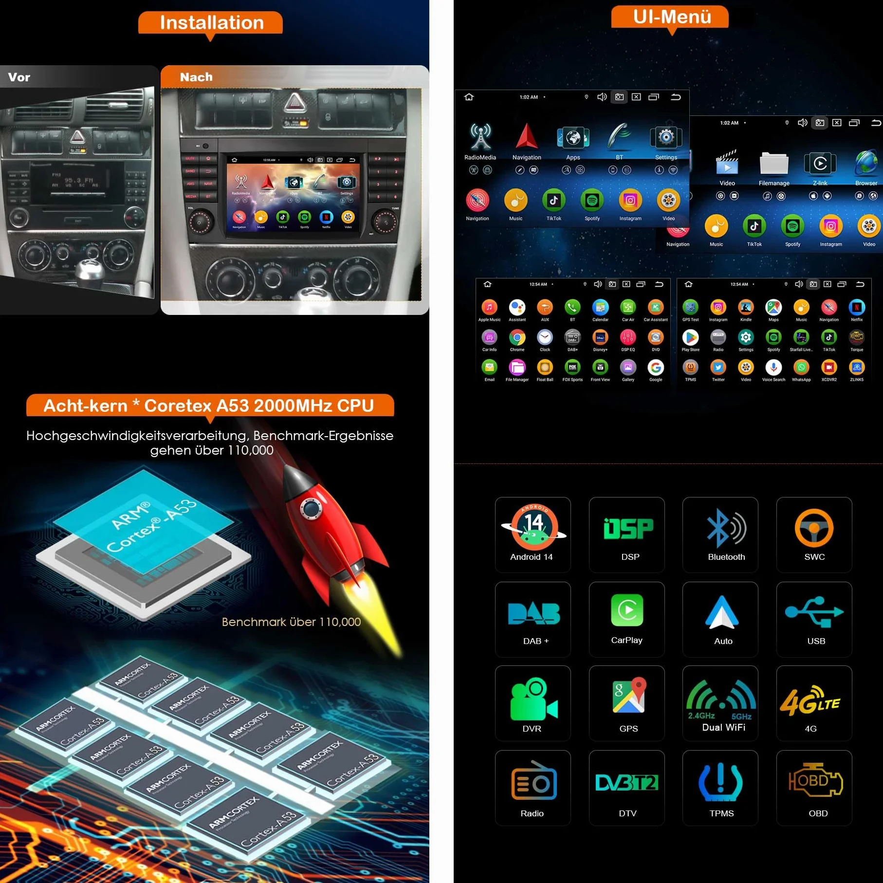 Erisin radio samochodowe 8-rdzeniowe 4GB+64GB z Androidem 14 GPS Navi dla Mercedesa Benz klasy C W203 klasy CLC W203 C180 klasy G W463, obsługuje Bluetooth, 7-calowy ekran dotykowy, CarPlay, Android