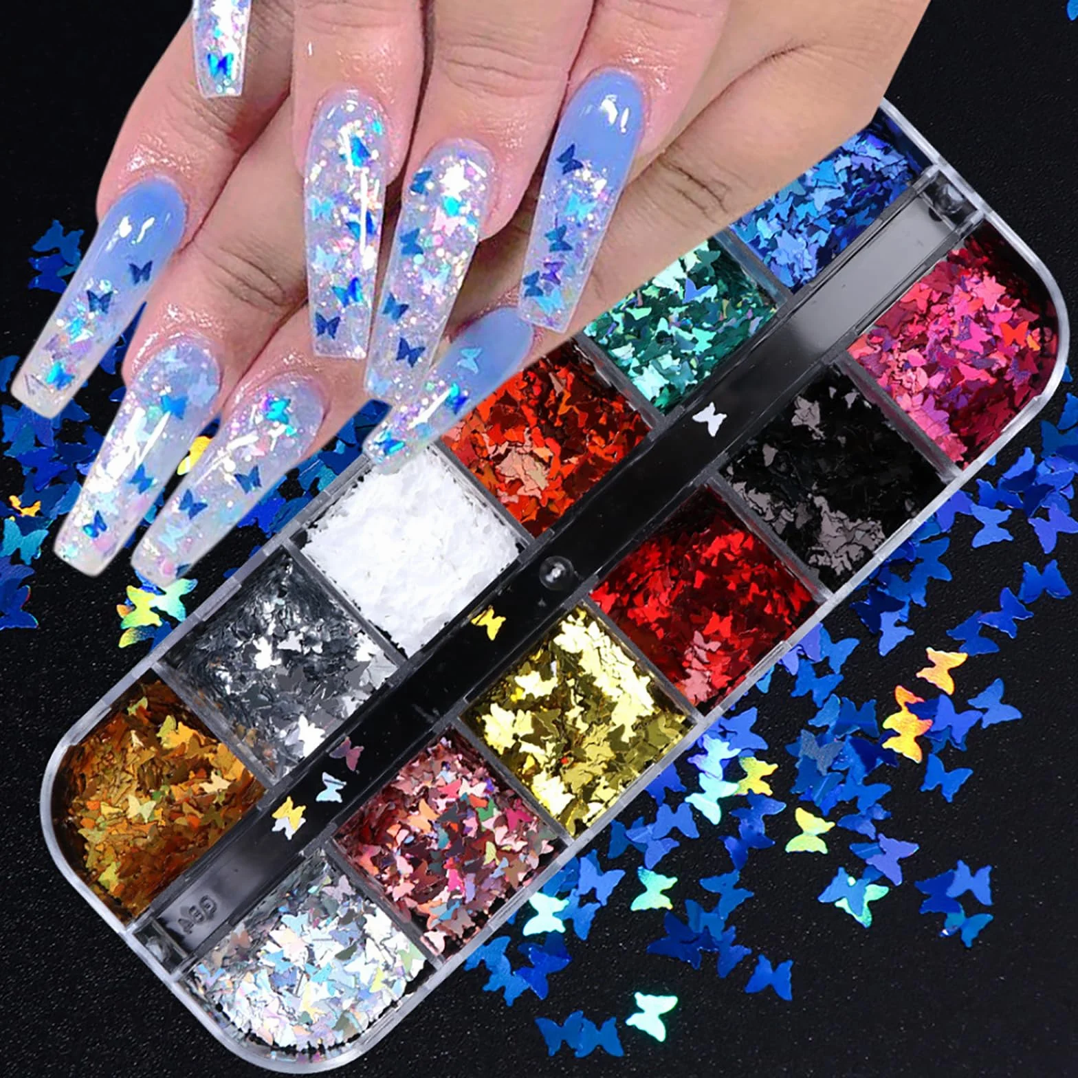 Cekiny do paznokci 3D, motyle, brokatowe cekiny, 12 kolorów, holograficzny brokat, cekiny, brokatowe