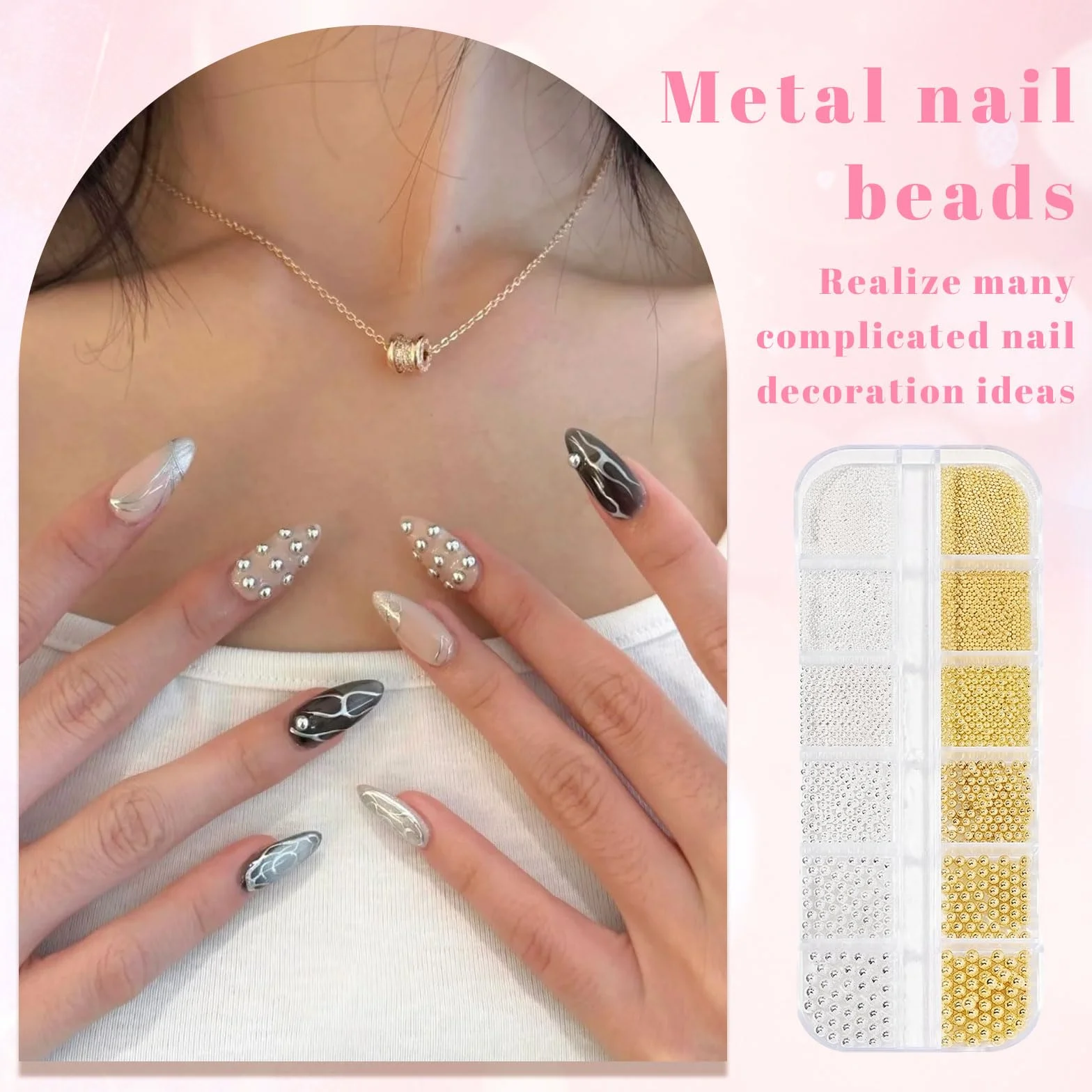 VelvetGlow Flatback koraliki i metalowe koraliki do paznokci, do zdobienia paznokci, małe okrągłe koraliki kawiorowe, akcesoria do paznokci akrylowych, dekoracji manicure (srebrne, złote)