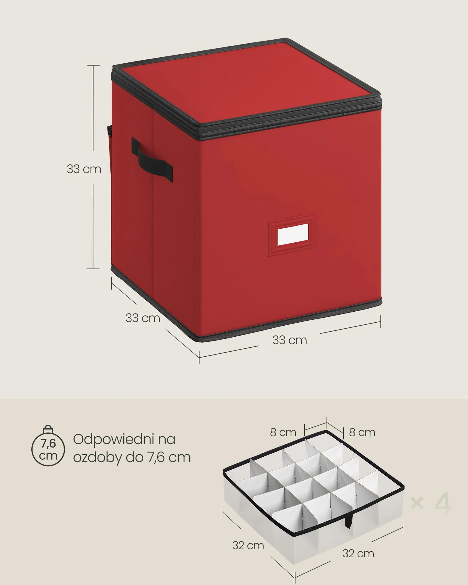 SONGMICS Pudełko na ozdoby świąteczne z pokrywką, z podwójnym zamkiem błyskawicznym, tacki z tworzywa PP, tkanina Oxford, 64 przegródki (po 7,6 cm), wiśniowo-czerwony RFB034R01