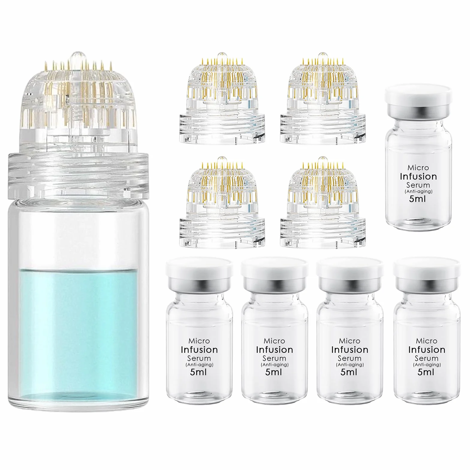 Microneedling zestaw do infuzji, system infuzyjny z igłą Hydra 0,5 mm, 1 szt., 4 zapasowe igły i 5 ampułek z serum przeciw starzeniu się skóry 5 ml, roztwór zapobiegający starzeniu się skóry
