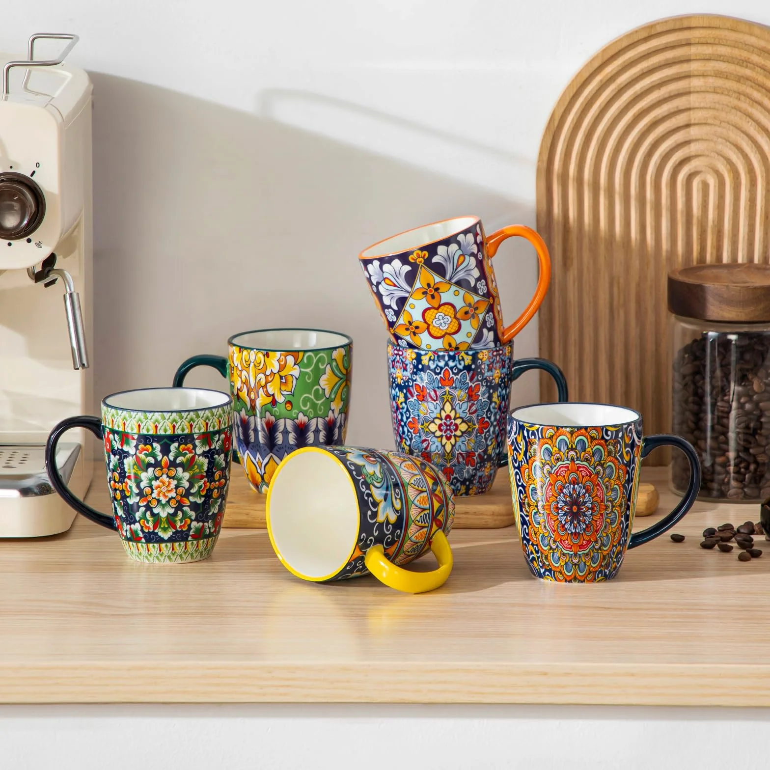 vancasso Zestaw filiżanek do kawy 6-częściowy, zestaw filiżanek SIMI z uchwytem, porcelanowe kubki do kawy 360 ml, czeskie filiżanki do herbaty, zestaw do kawy dla 6 osób