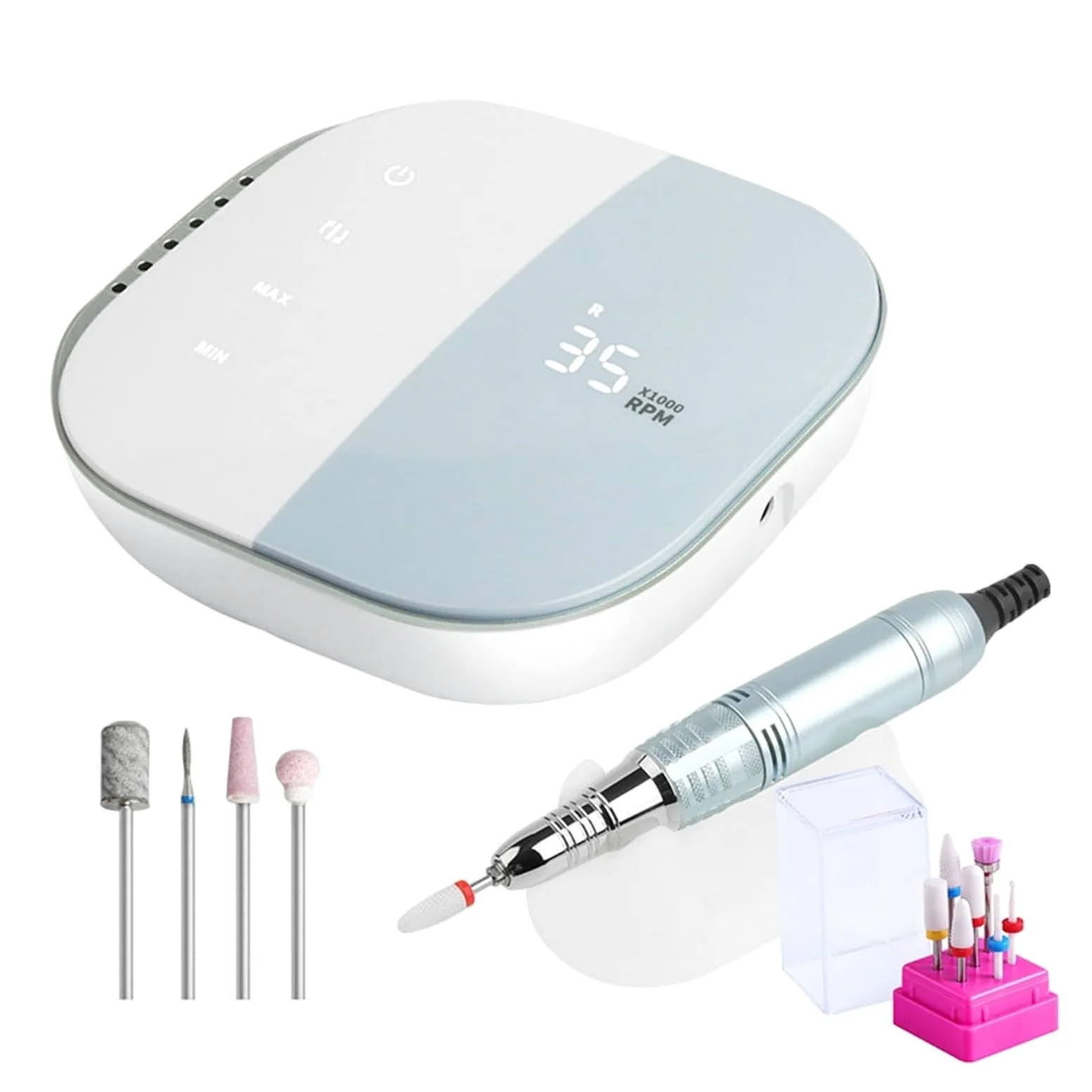 Obcinacz do paznokci, 35000RPM elektryczna wiertarka do paznokci z ekranem dotykowym, akumulatorowa bezprzewodowa maszyna do manicure do paznokci szlifierka do paznokci(Blue-Set)