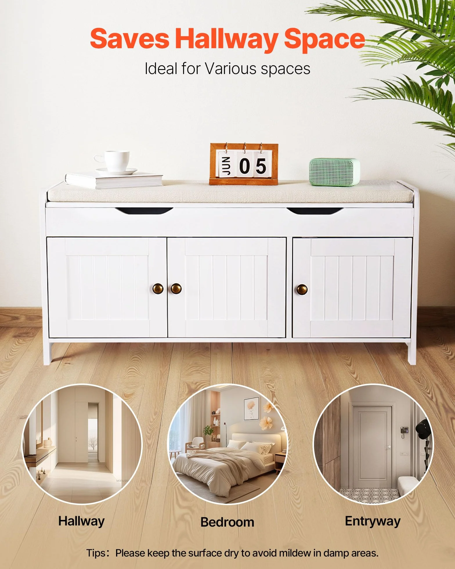 VEVOR Ławka na buty 105 x 35 x 50,3 cm, ławka wejściowa z 3 szafkami, półka z regulacją wysokości, organizer na podnoszoną tacę, poduszka do siedzenia, 113,4 kg, do sypialni, korytarza, biała i szara