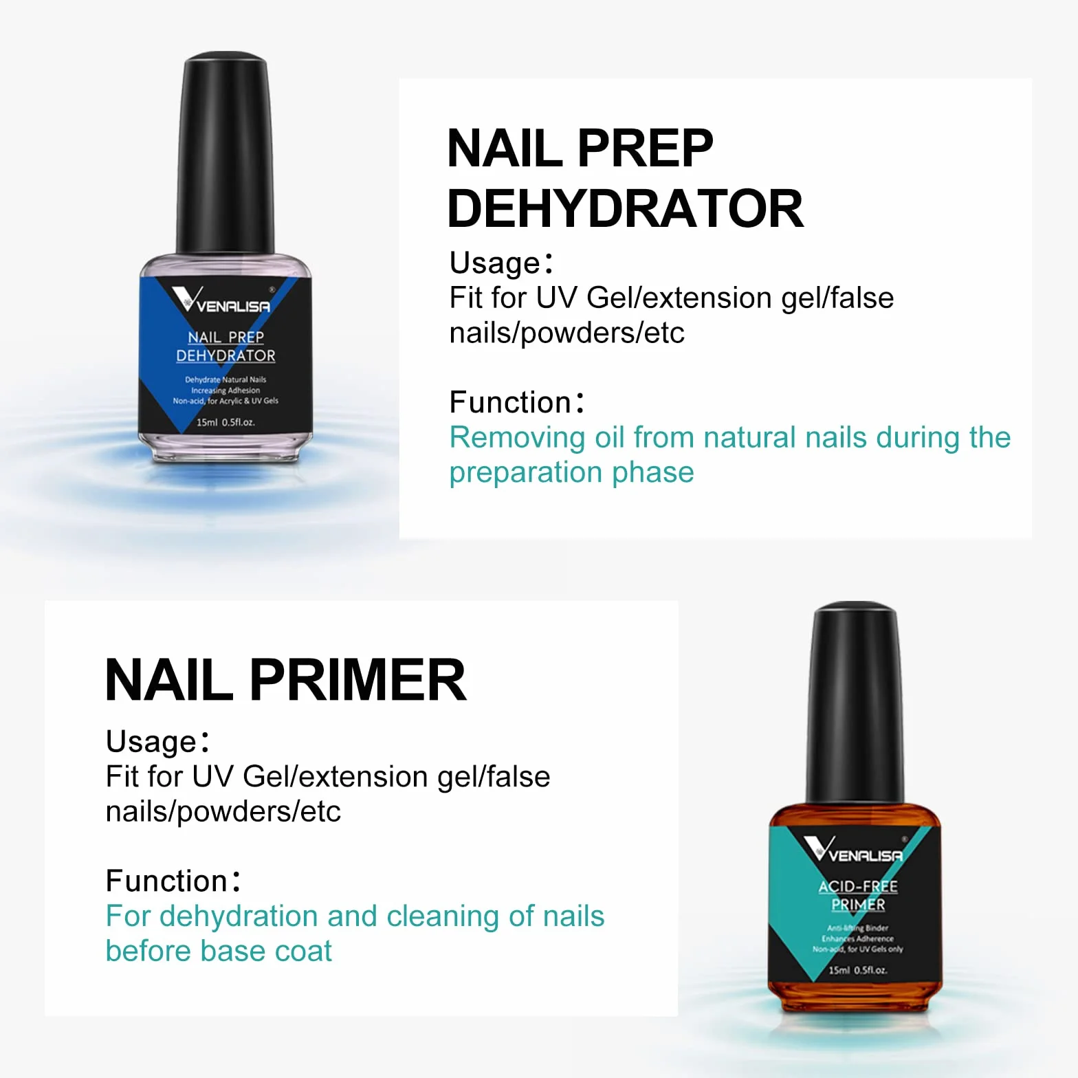 VENALISA 2 PCS 15ml Nail Art Salon Professional Nail Prep Dehydrator Air Dry No Acid Primer Enamel UV Gel Nail Polish Kit for DIY at Home Nail Care Kit