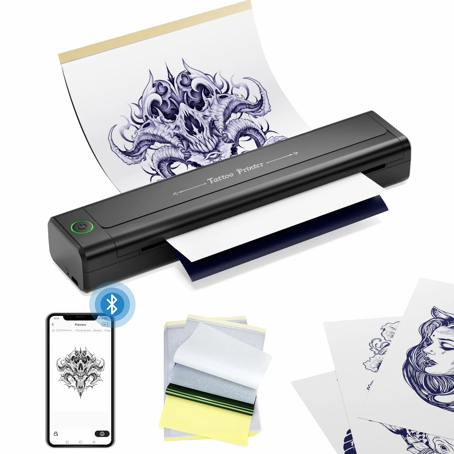H1 Drukarka do Tatuażu, Bluetooth drukarka szablonowa z 10 arkuszami papieru transferowego, Drukarka Termiczna do Tatuażu, Termokopiarka do tatuażu kompatybilna ze smartfonami i komputerami