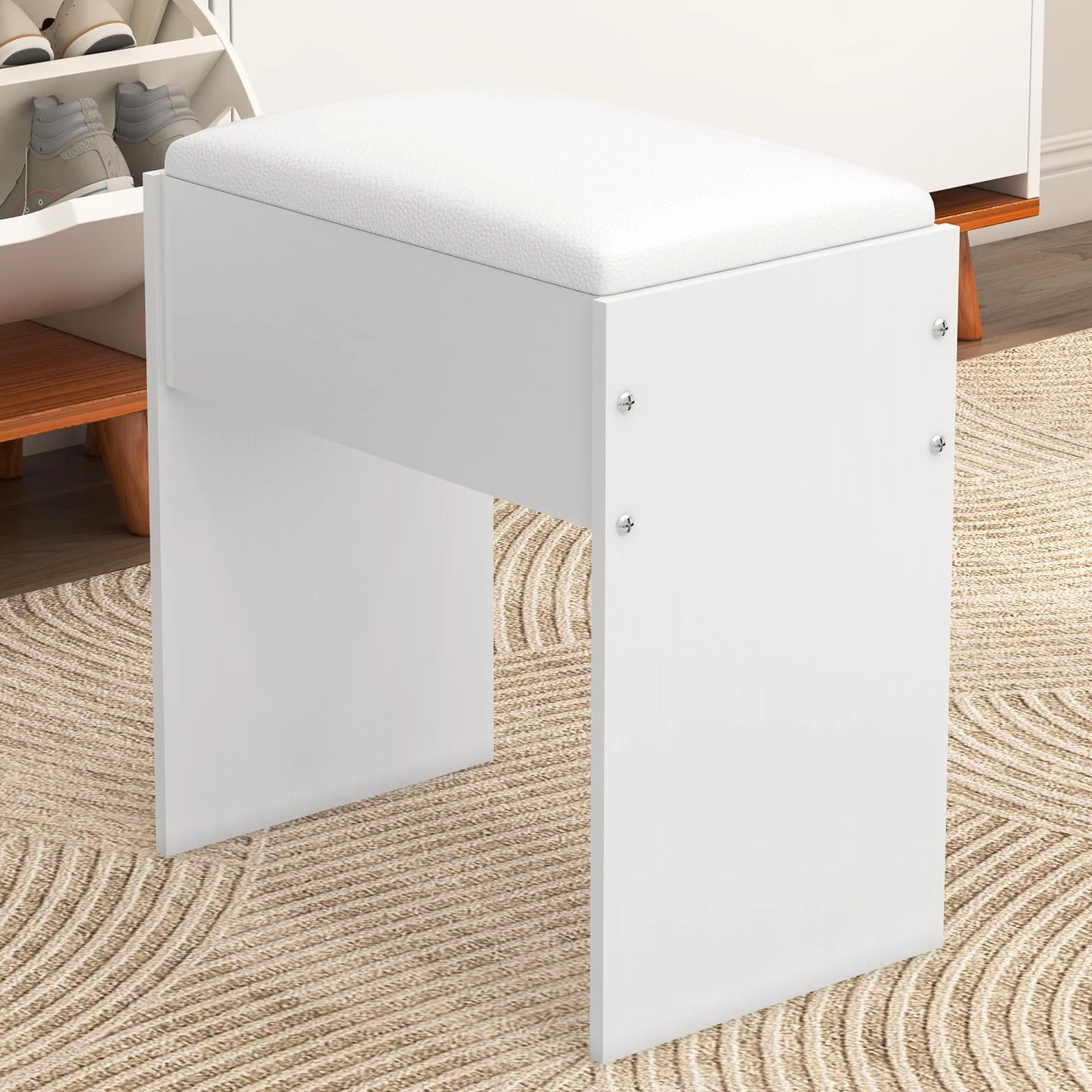 Biały taboret do makijażu z drewna 43 x 40 x 24 cm tapicerowany
