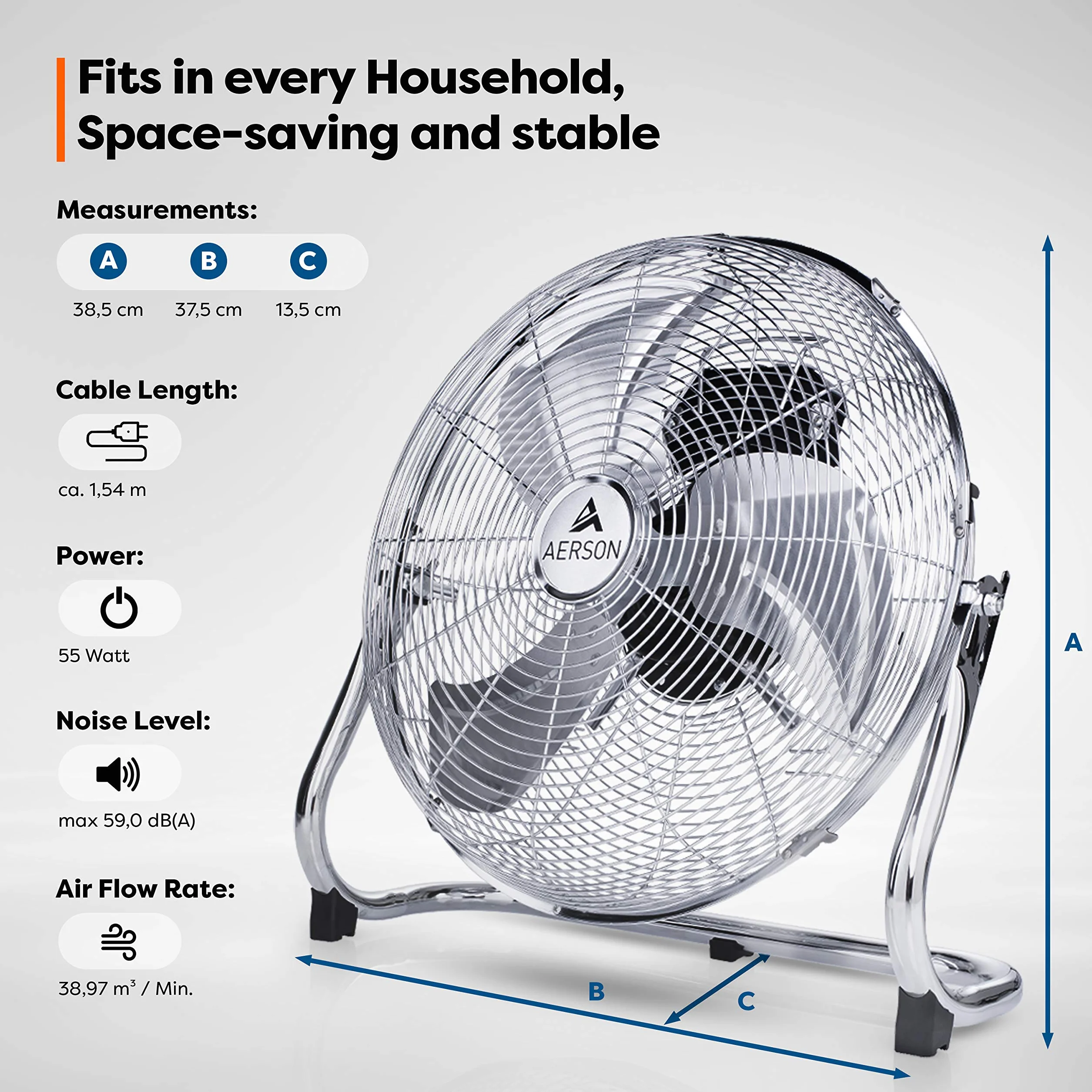 TRESKO Aerson wentylator podłogowy 30 cm 55 W 3 poziomy mocy metalowa konstrukcja