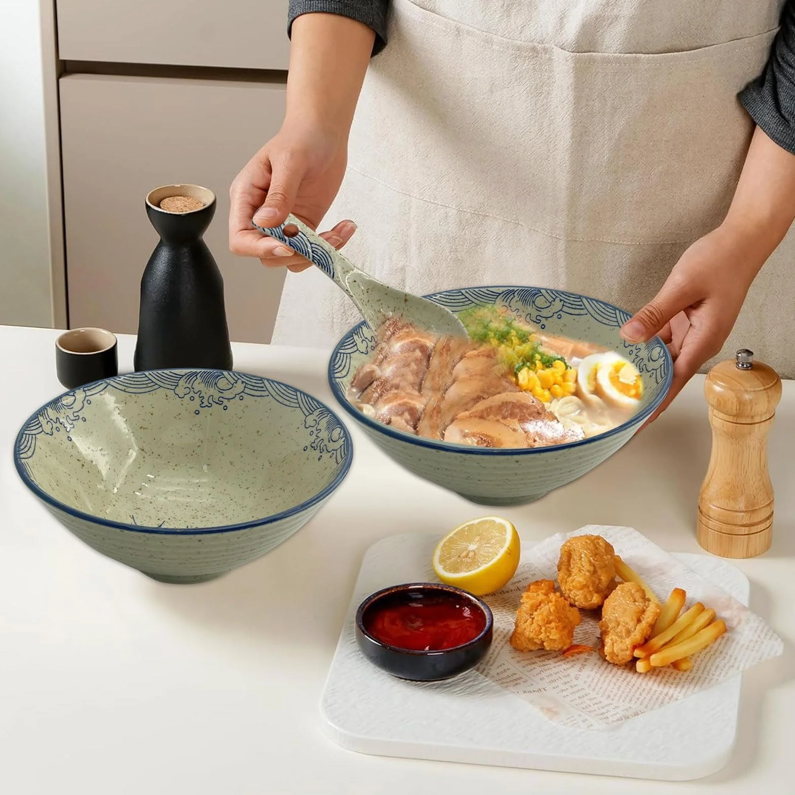 Ramen Ceramiczna Miska 2 x 1200 ml z Pałeczkami i Łyżeczkami - 2 Zestawy Japońskich Misek do Zupy