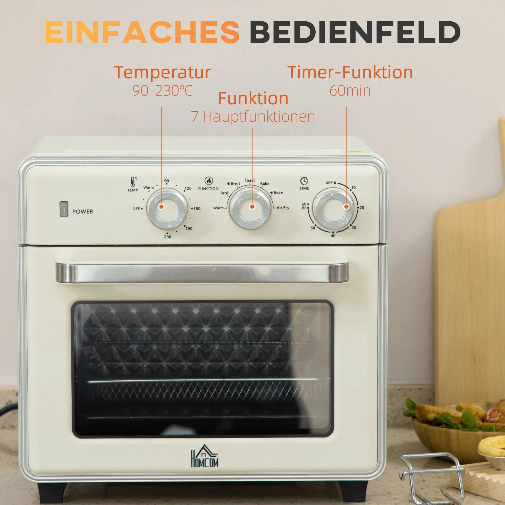 HOMCOM Mini piekarnik 20 l, 7 w 1 piec do pizzy, 1400 W, 90-230℃, termoobieg, kremowo-biały