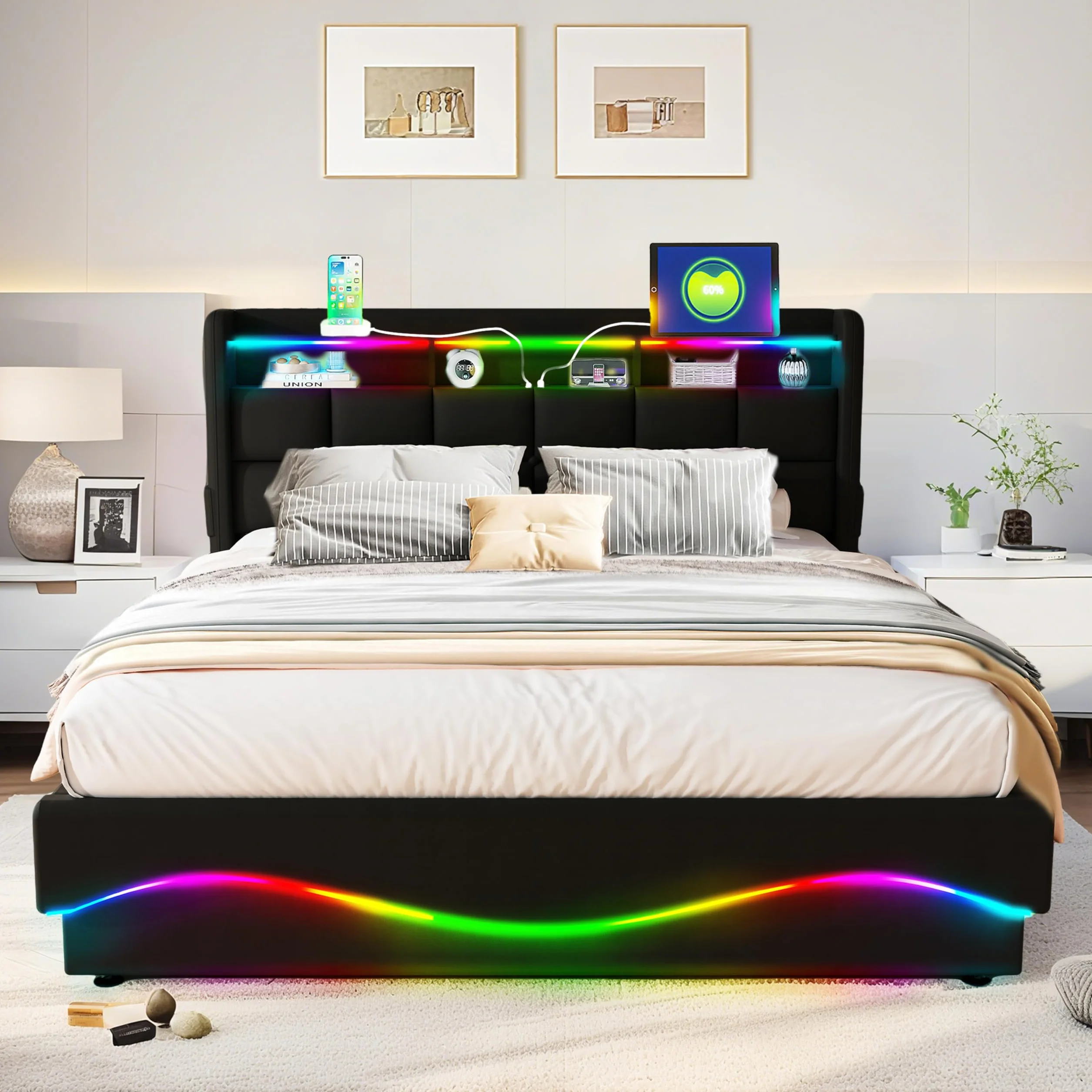 Łóżko z Pojemnością 140x200 cm LED USB/Type-C Stacja Ładowania Skóra Czarny