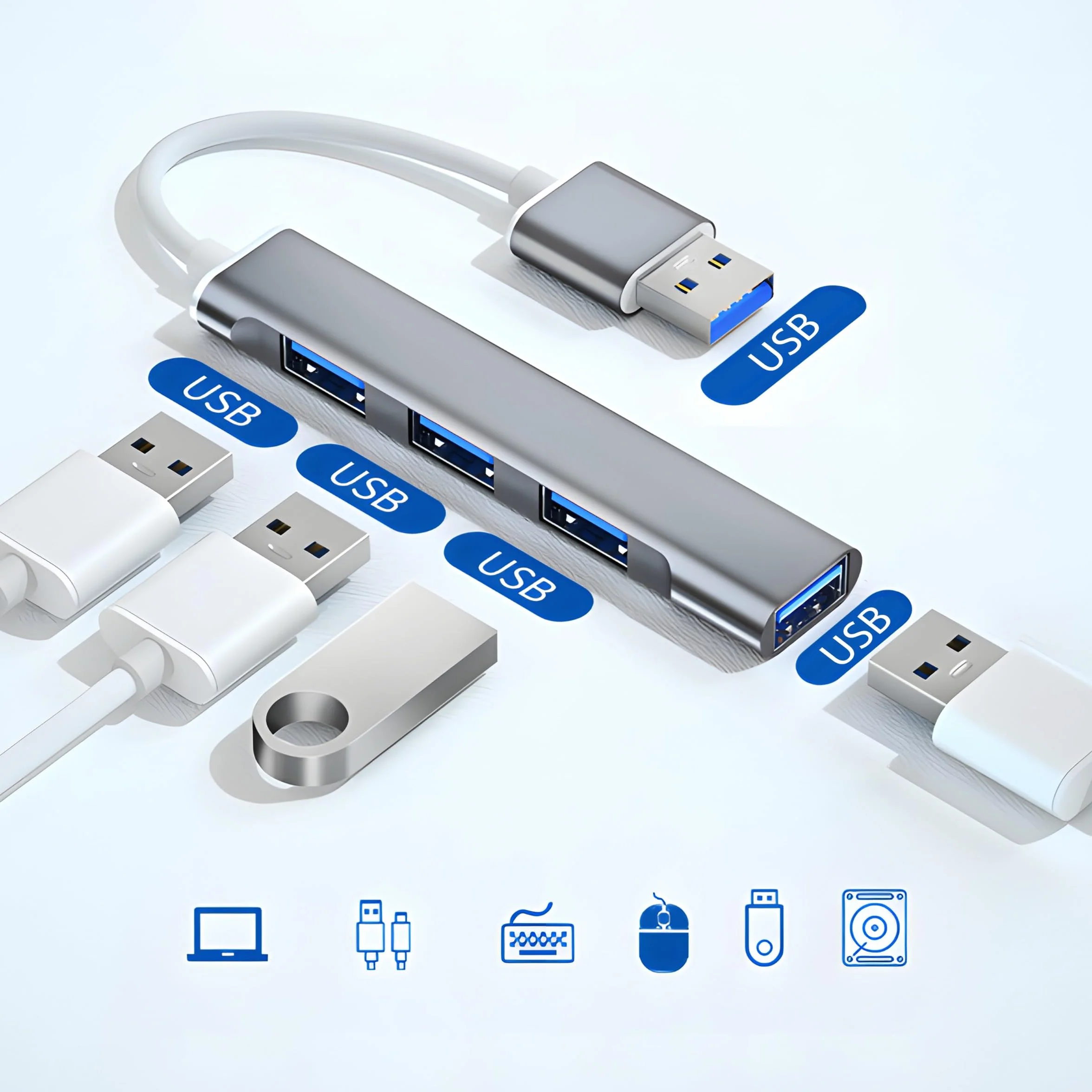 Retoo Hub USB 3.0 4-portowy rozdzielacz Surface Desktop PC Splitter do komputera stacjonarnego Laptop Konsola Windows Flash Drive Drukarki Klawiatury Urządzenia 5 Gb/s Wiele wtyczek Porty danych Srebr